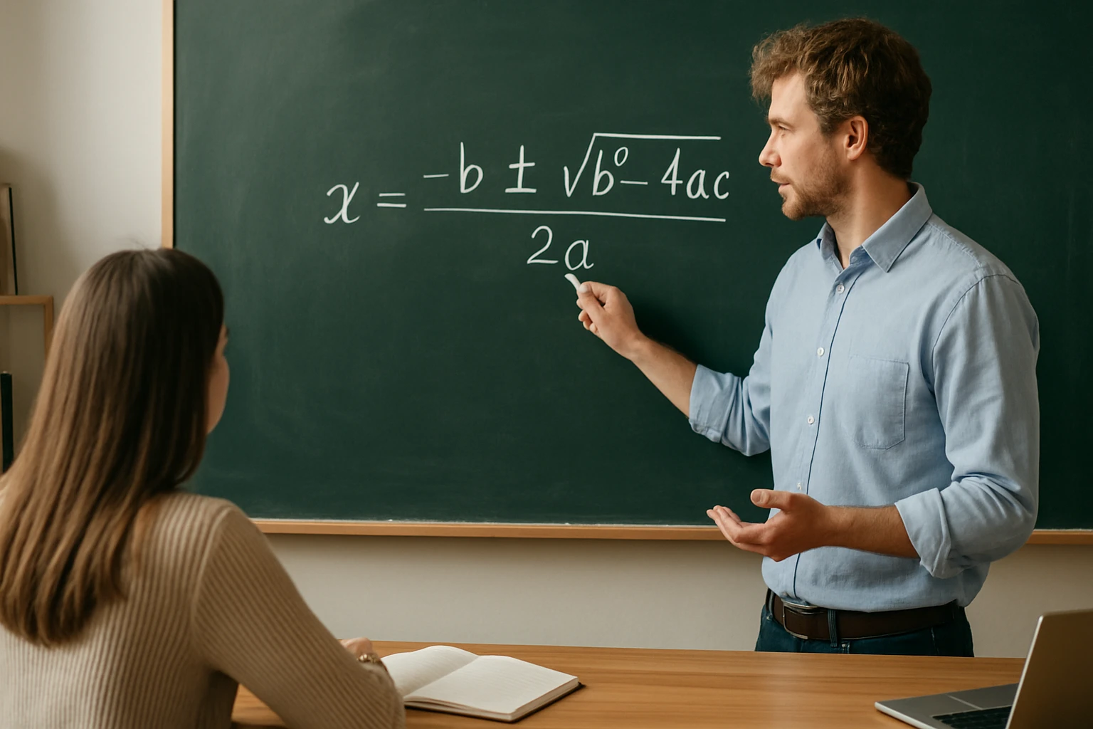 Egy tanár a táblán a másodfokú egyenlet megoldóképletét magyarázza.