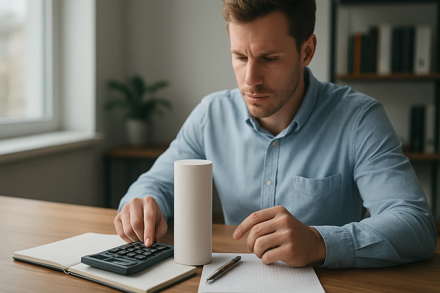 Egy férfi számológépet használ, miközben jegyzetel egy asztalon.