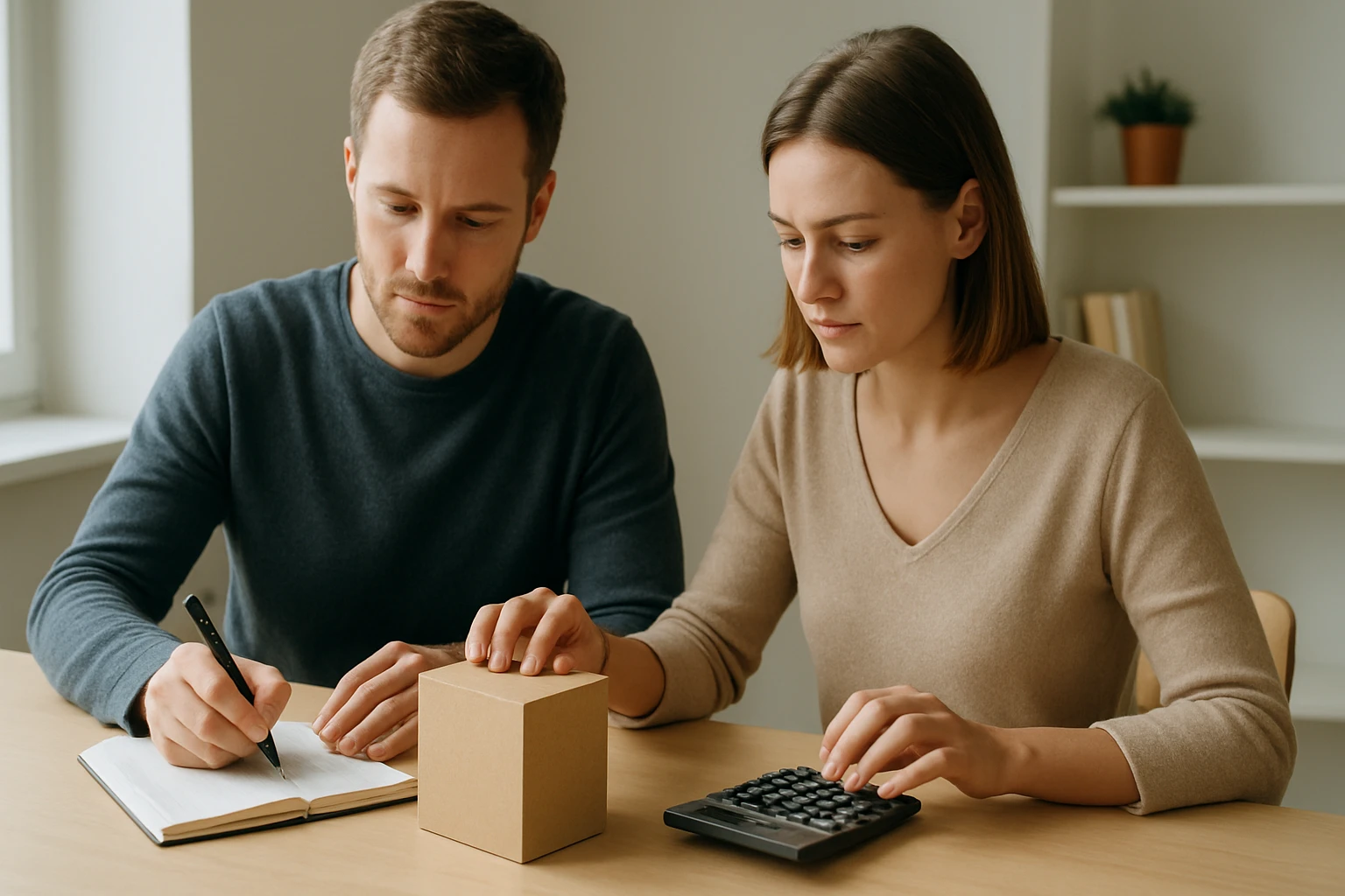 Két fiatal felnőtt egy asztalnál ül, matekfeladatokat oldanak meg.