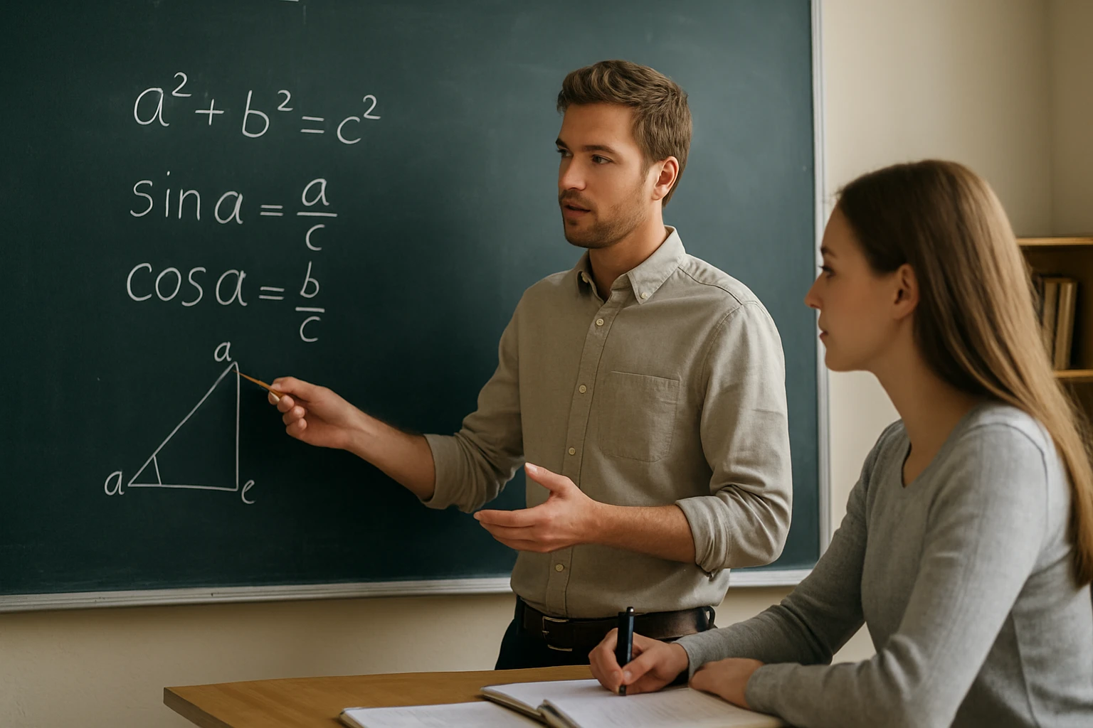 Egy tanár a táblánál magyaráz matematikai képleteket, míg a diák figyel.