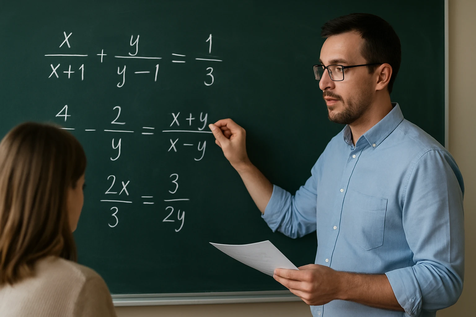 Egy tanár matematikai egyenleteket magyaráz a táblán, diák figyel.
