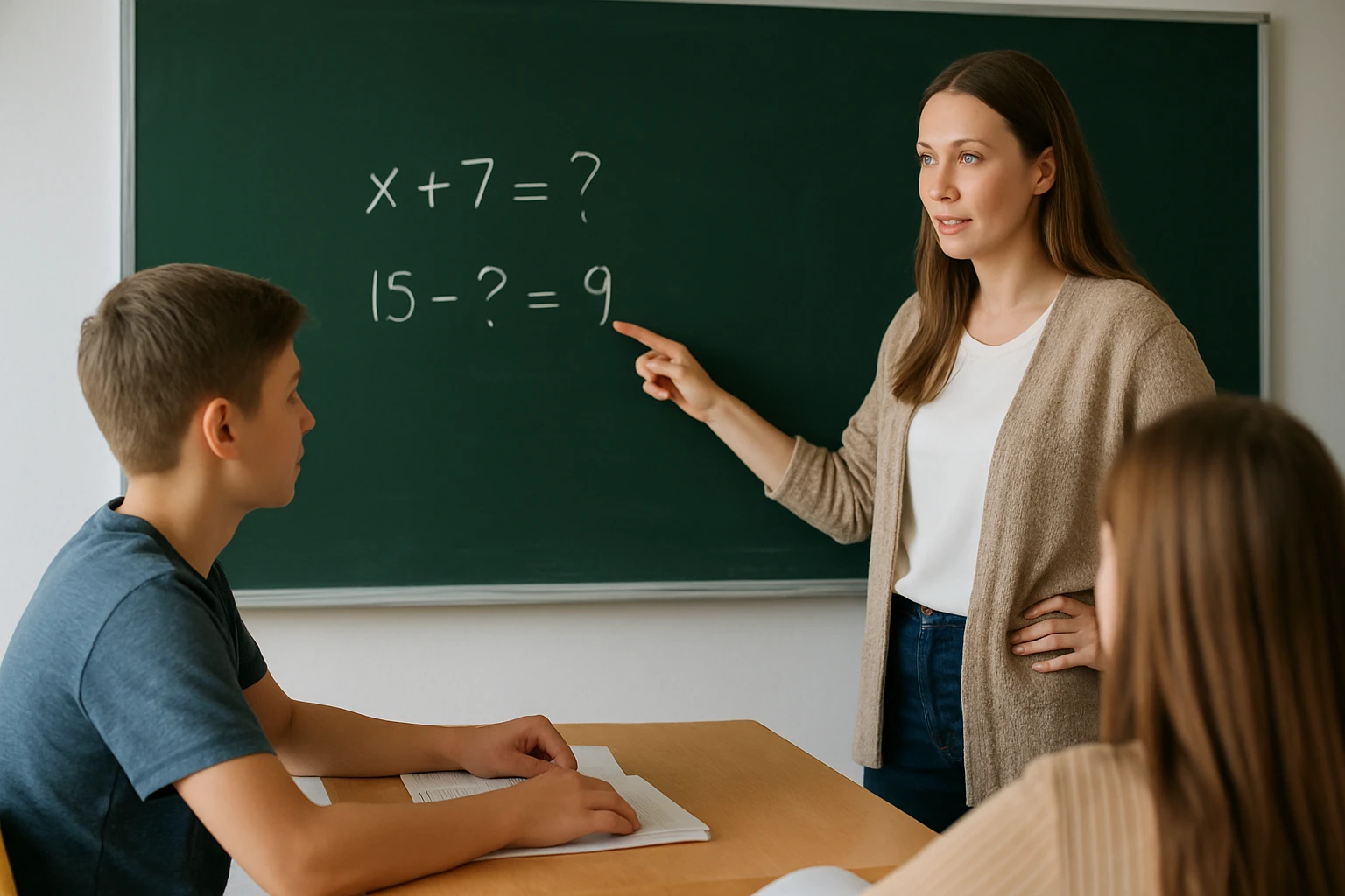 Egy tanárnő matematikai feladatokat magyaráz a diákoknak.