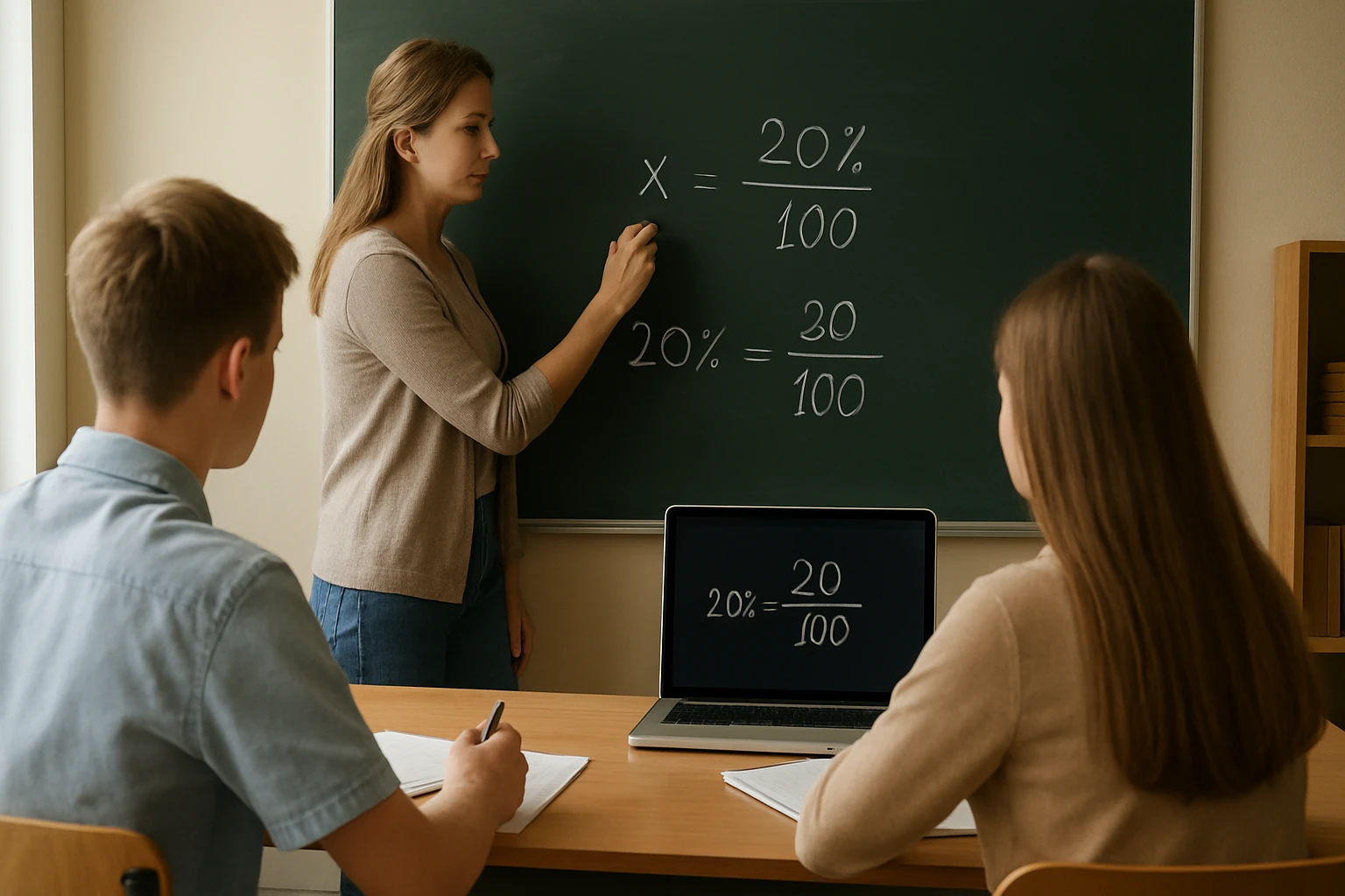 Egy tanár matematikai feladatot magyaráz a táblán, diákok figyelnek.