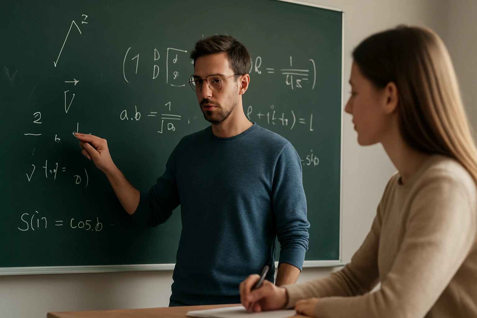 Egy férfi matematikai egyenleteket magyaráz a táblán, egy nő figyelmesen hallgat.