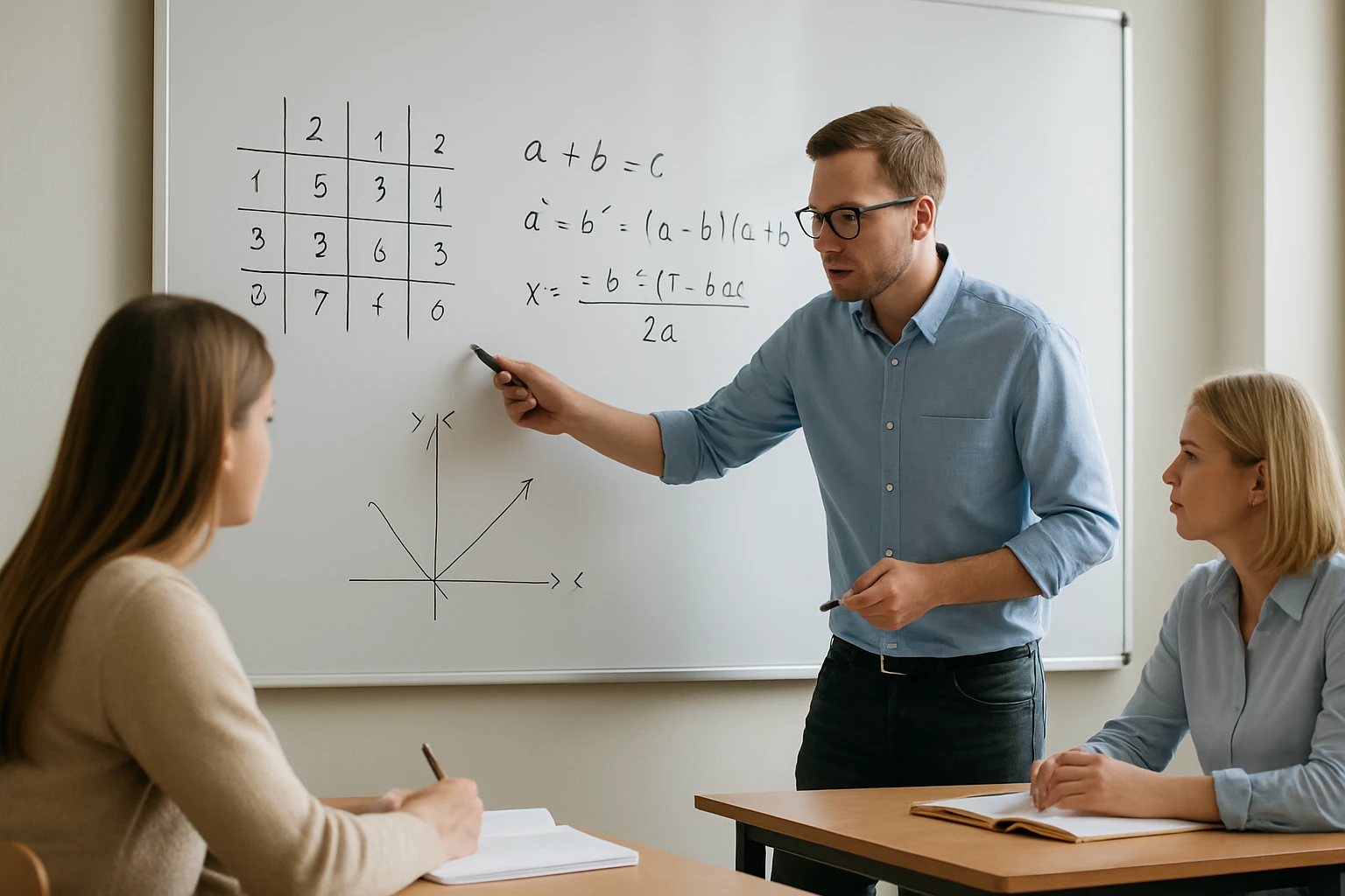 Egy tanár matematikai példákat magyaráz a táblán, diákok figyelnek.