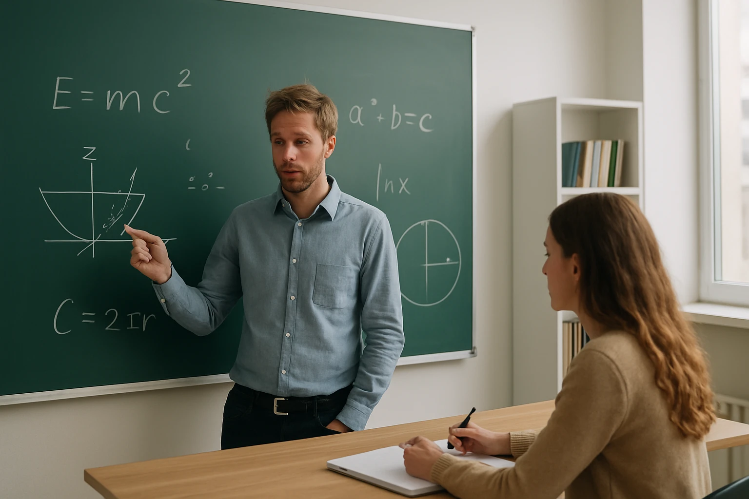 Egy tanár magyaráz matematikai képleteket egy diák számára.