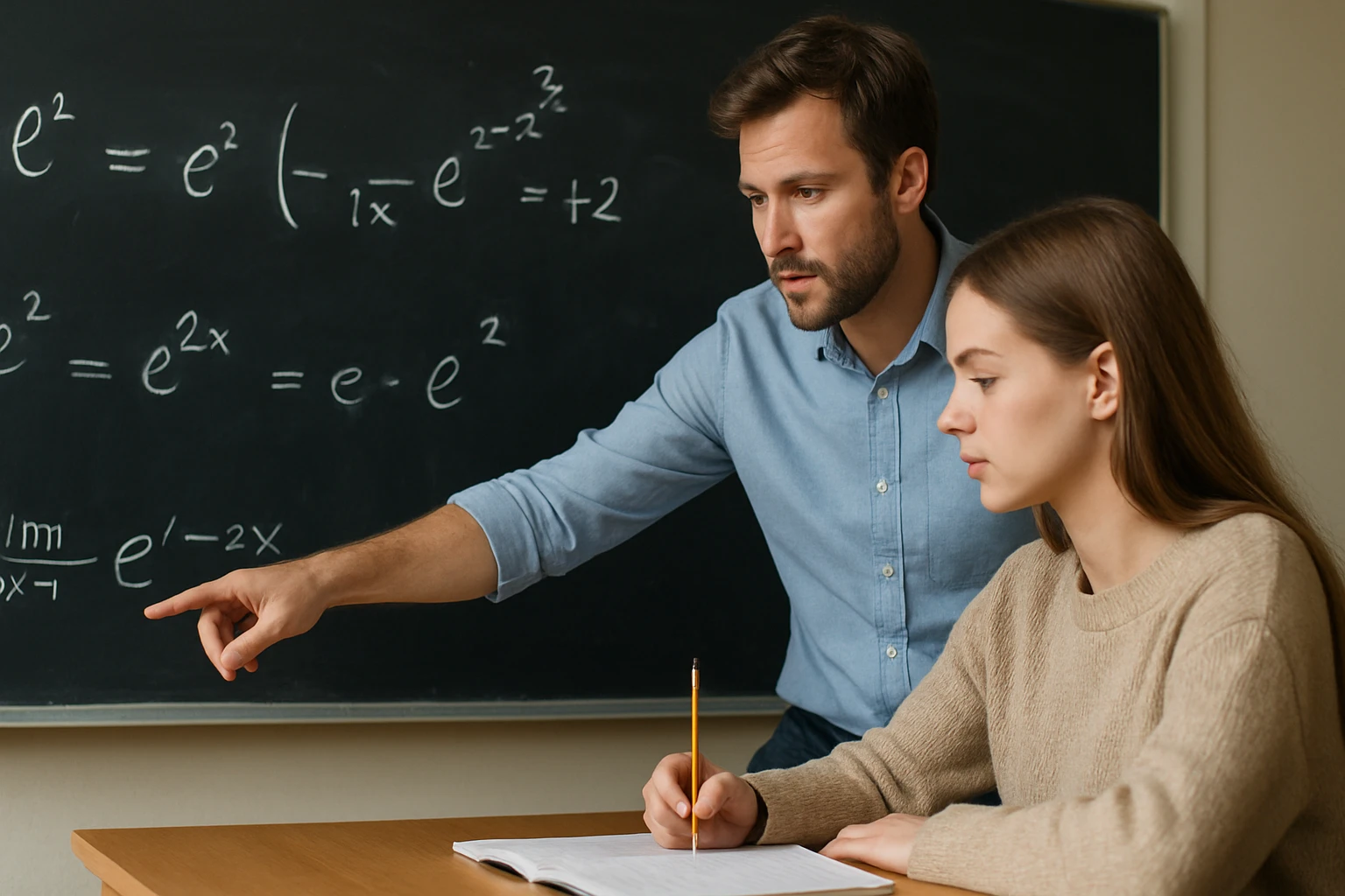 Egy tanár magyaráz matematikai egyenleteket egy diáknak az osztályteremben.