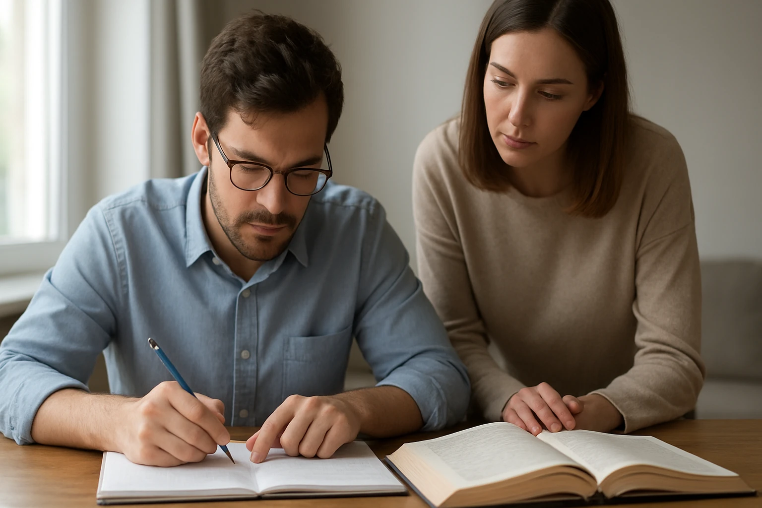 Egy férfi matematikai feladatot ír egy füzetbe, miközben egy nő figyeli.