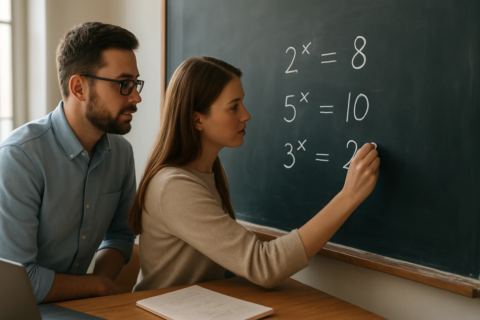 Egy nő matematikai egyenleteket ír a táblára, miközben egy férfi figyeli.