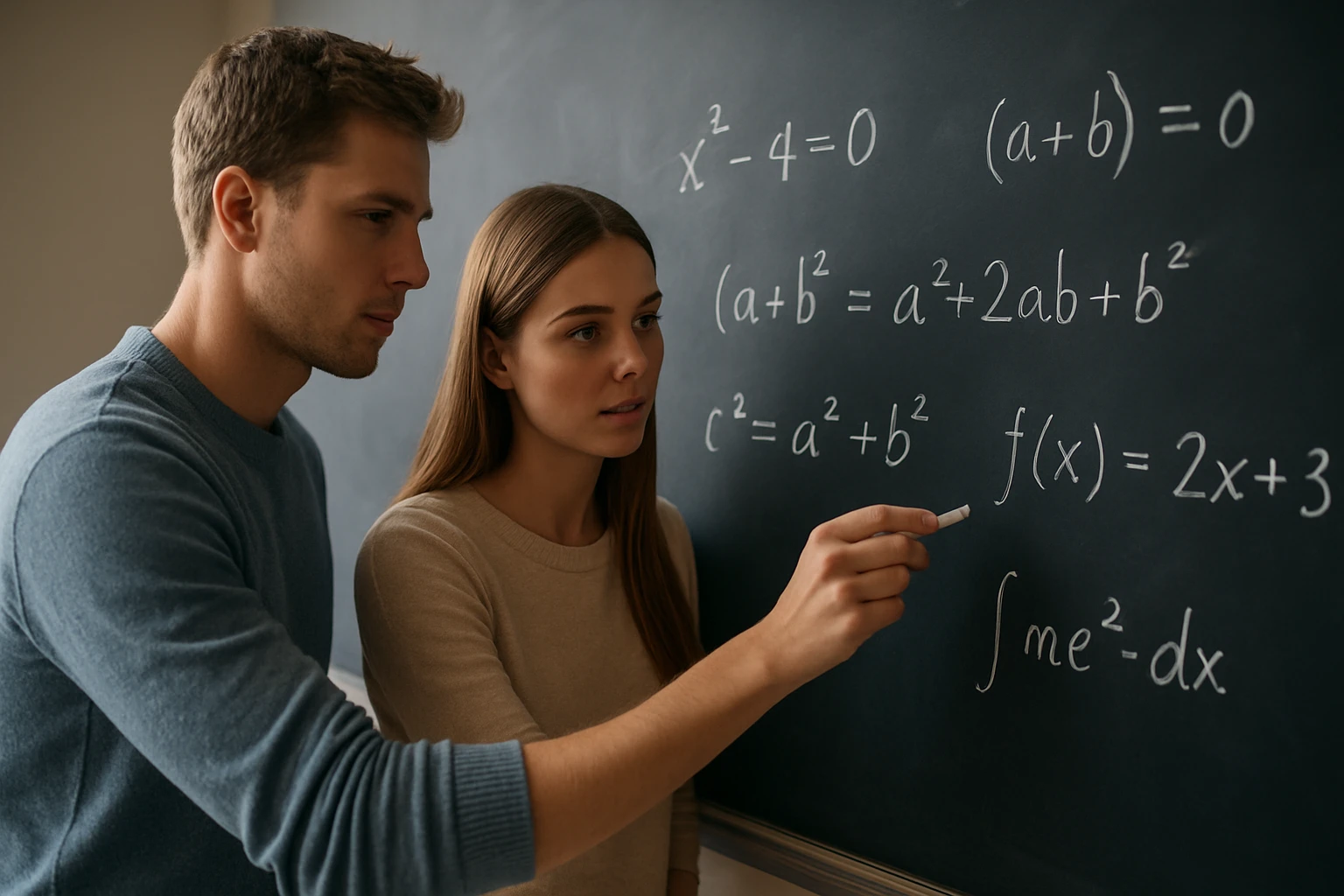 Két fiatal matematikai egyenleteket ír a táblára, együtt tanulnak.