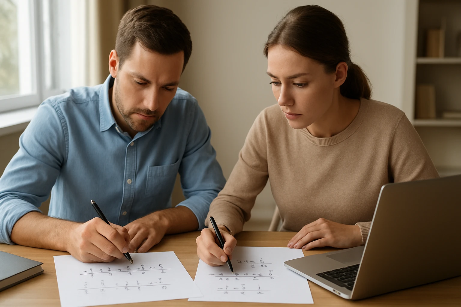 Két fiatal felnőtt matematikai feladatokat old meg papíron, laptop mellett.