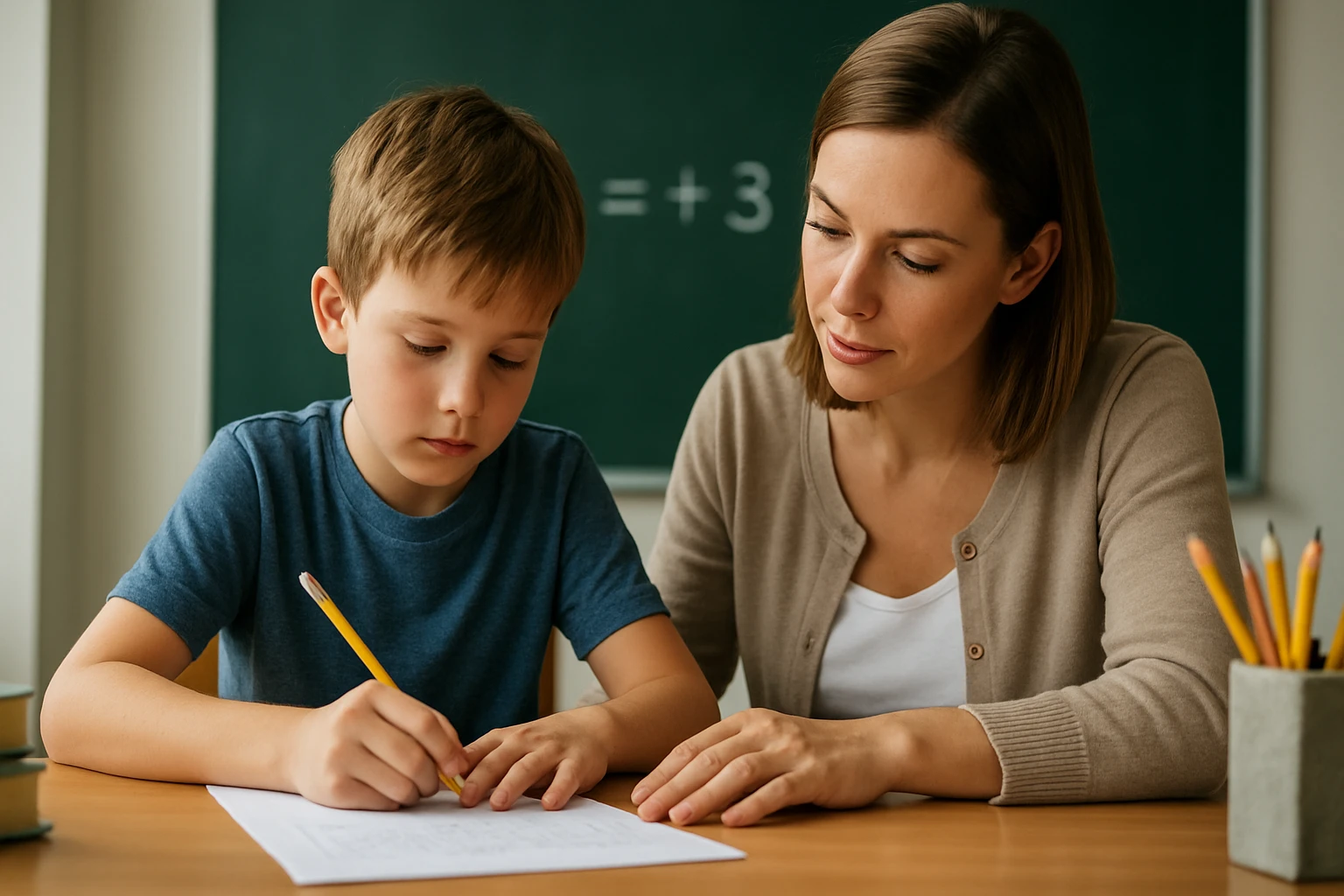 Egy kisfiú matematikai feladatot old meg, miközben egy felnőtt figyelemmel kíséri.
