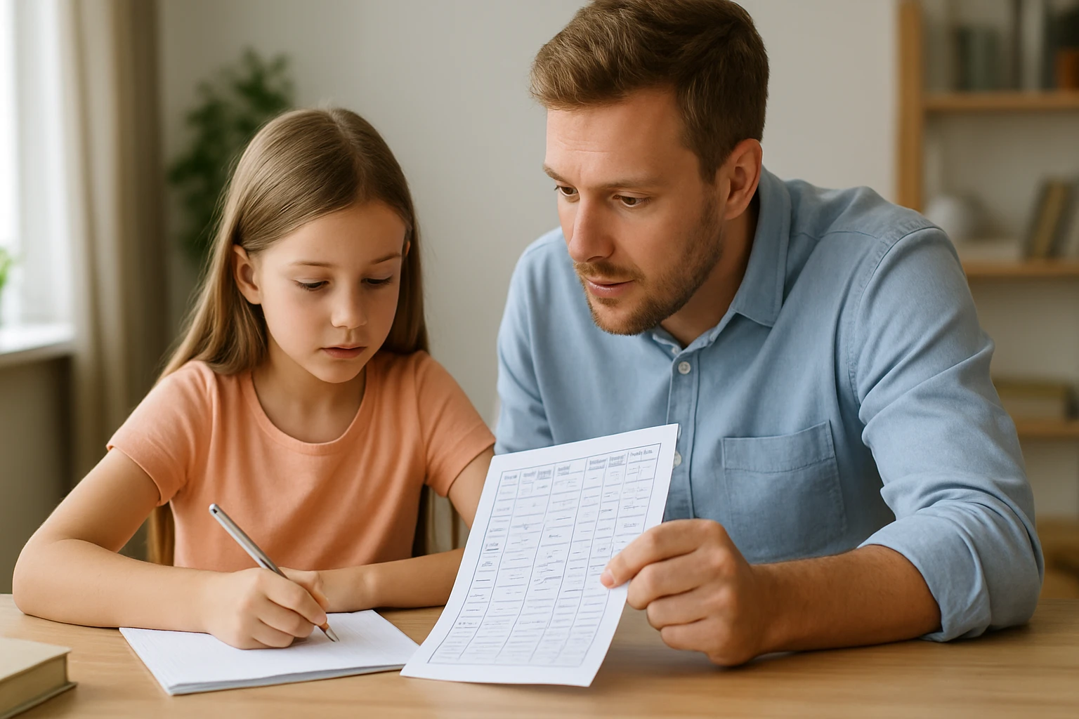 Egy lány és egy férfi közösen tanulnak, matematikai feladatokat oldanak meg.