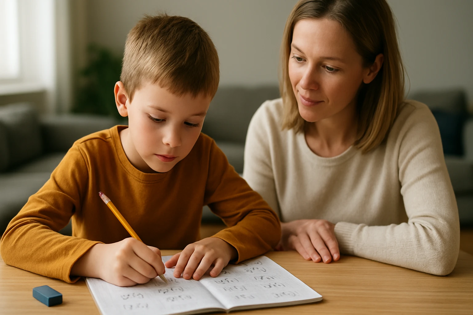 Egy kisfiú matematikai feladatokat old meg, miközben édesanyja figyeli.