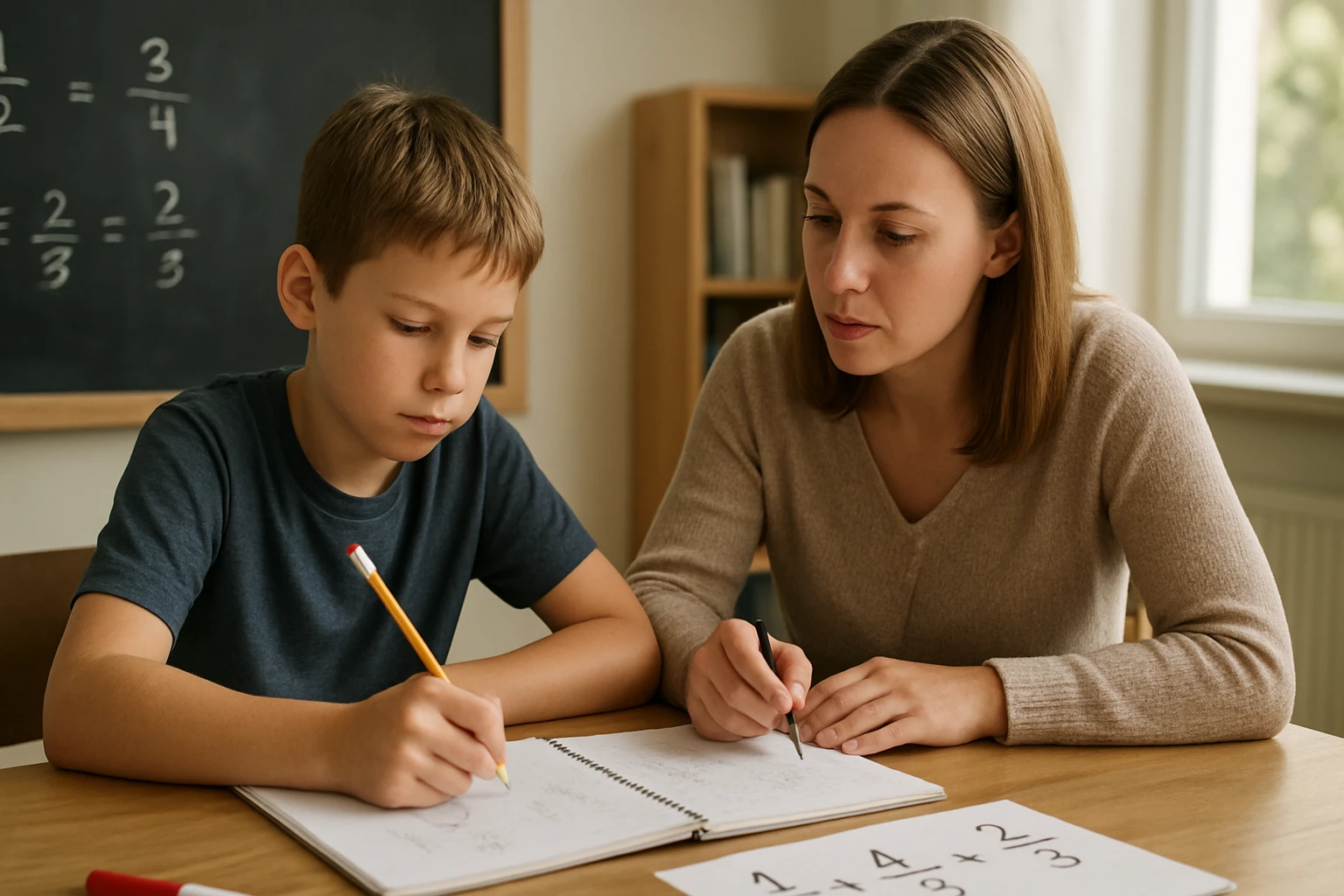 Egy fiú és egy nő közösen tanulnak matematikát egy asztalnál.