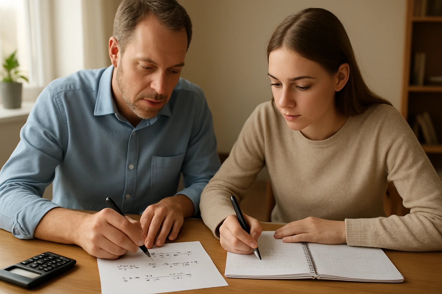 Egy férfi és egy nő tanulnak matematikát, papíron számításokat végeznek.