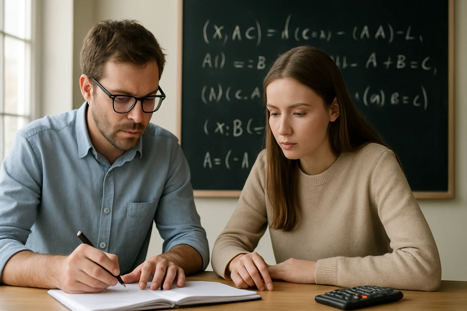 Egy férfi és egy nő együtt tanulnak matematikát egy asztalnál.