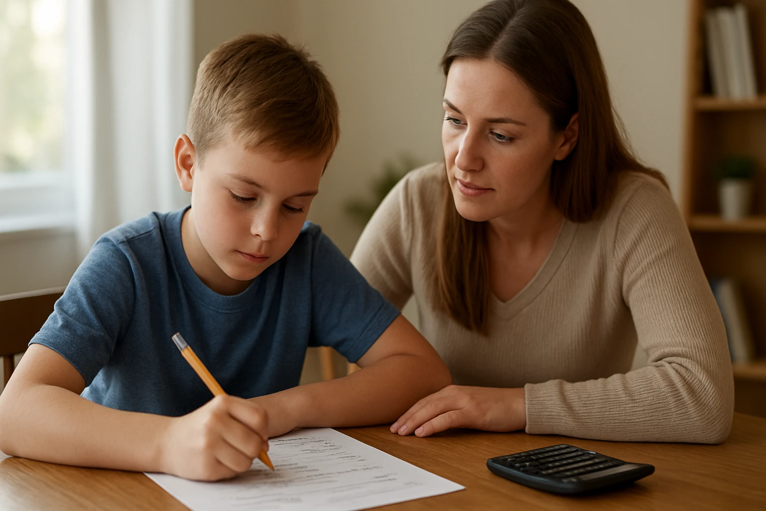 Egy fiú matematikai feladatot old meg, miközben édesanyja figyeli.