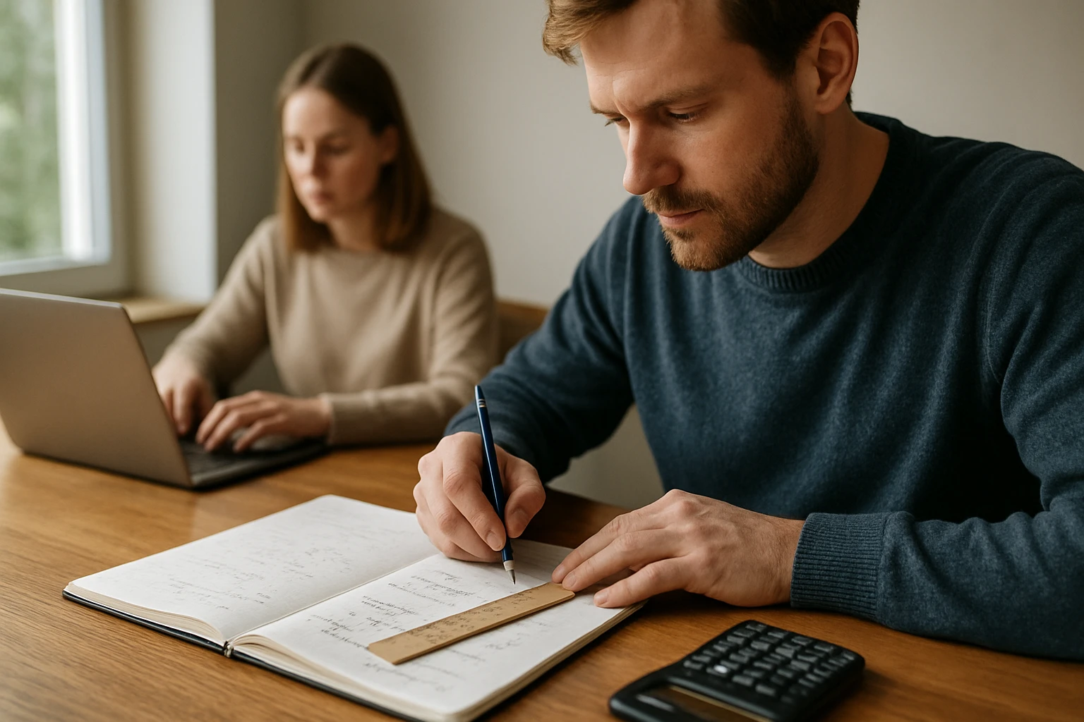 Egy férfi matematikai feladatokat old meg egy jegyzetfüzetben, míg egy nő laptopon dolgozik.