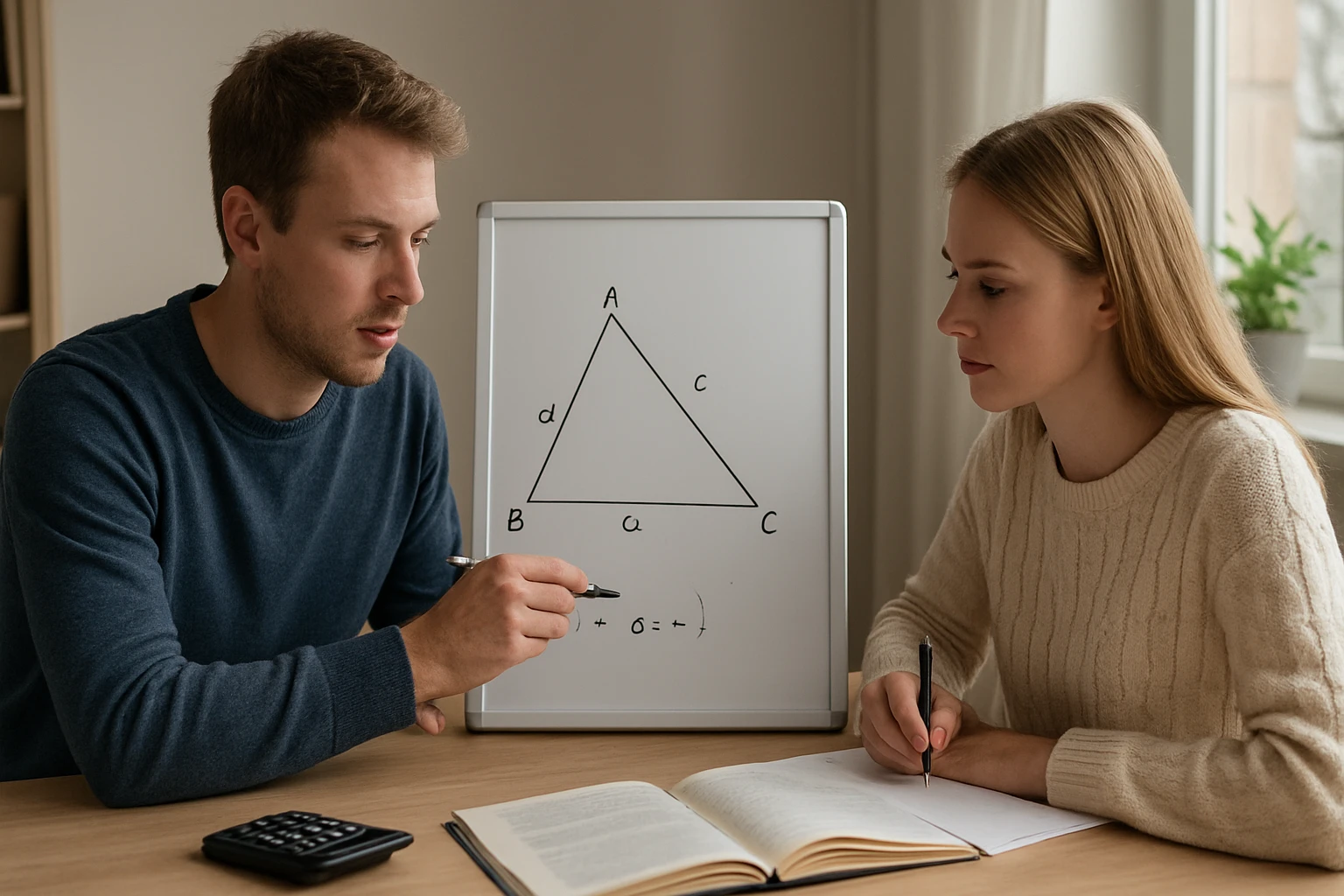 Két fiatal, egy férfi és egy nő, matematikát tanulnak egy táblánál.