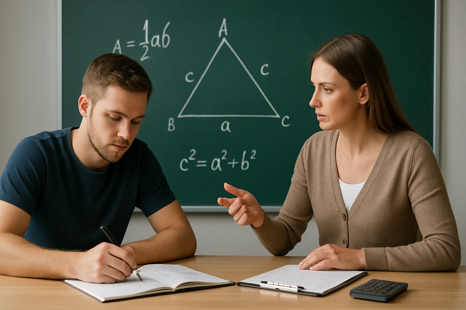 Egy fiatal férfi matematikai feladatot ír, miközben egy nő magyaráz neki.
