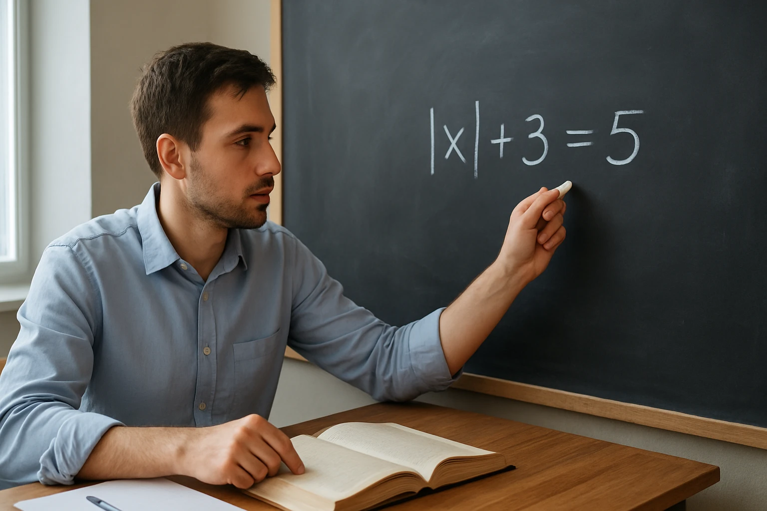 Egy fiatal férfi a táblán egy matematikai egyenletet ír, könyv előtt ülve.