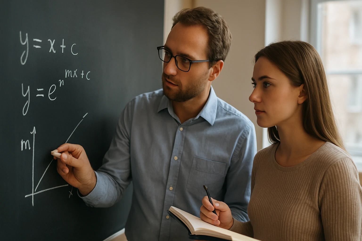 Egy férfi és egy nő matematikai egyenleteket tanulmányoznak táblán.