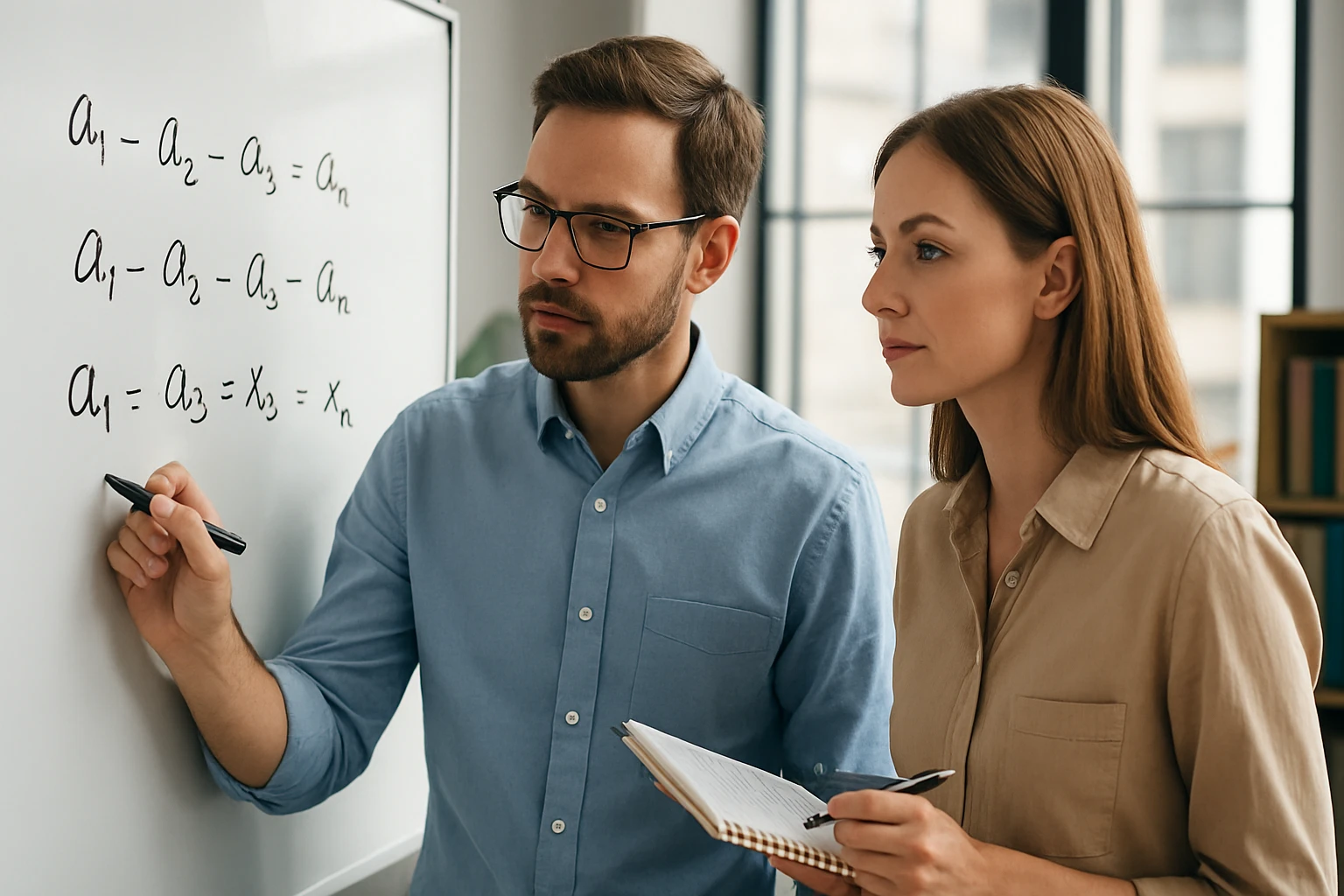 Két ember egy táblánál matematikai egyenleteket ír és beszélget.