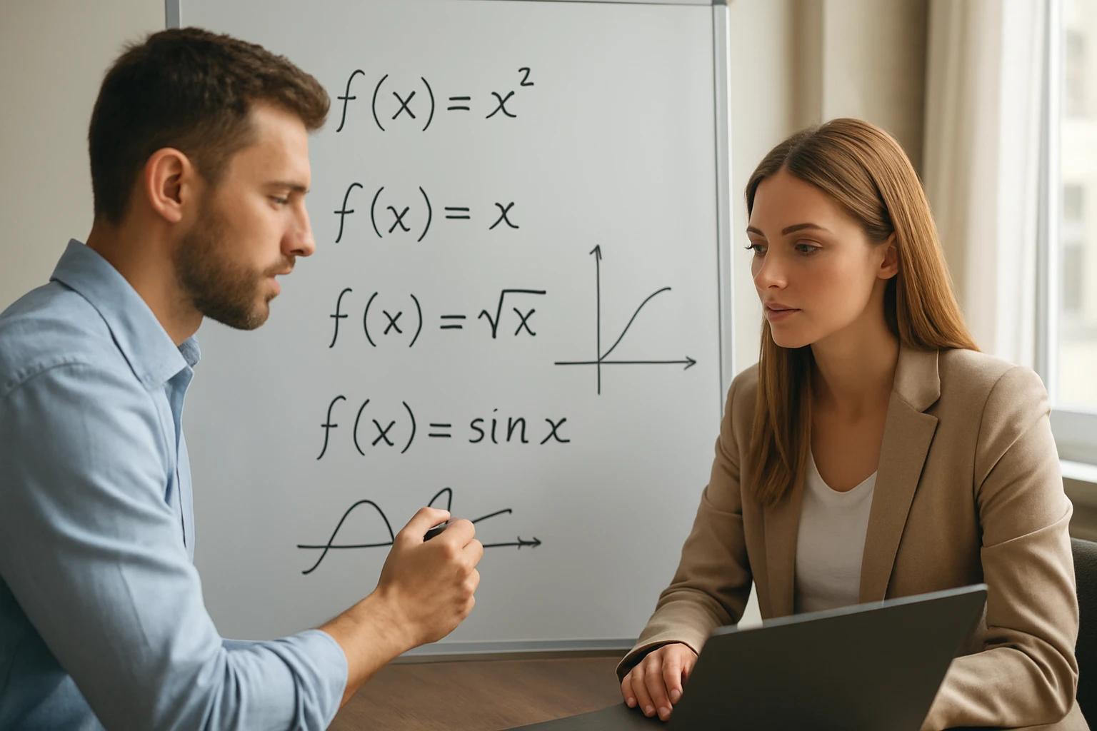 Egy férfi és egy nő matematikai egyenleteket tanulmányoznak egy táblán.