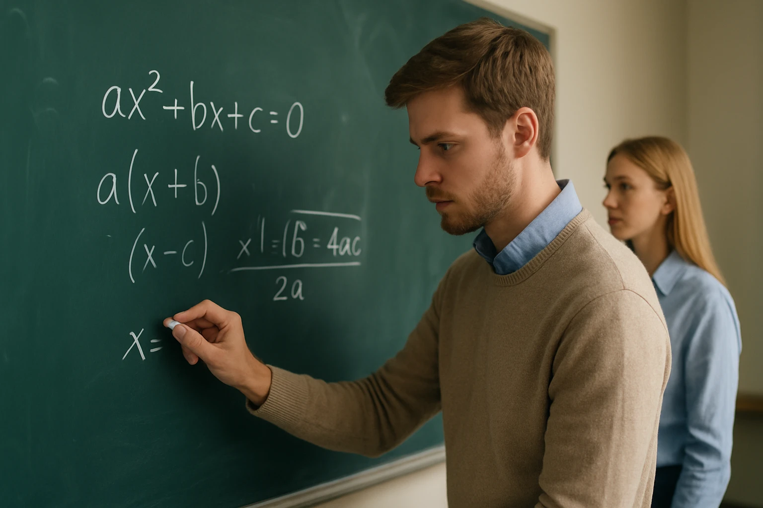 Egy fiatal férfi matematikai egyenleteket ír a táblára, miközben egy nő figyeli.