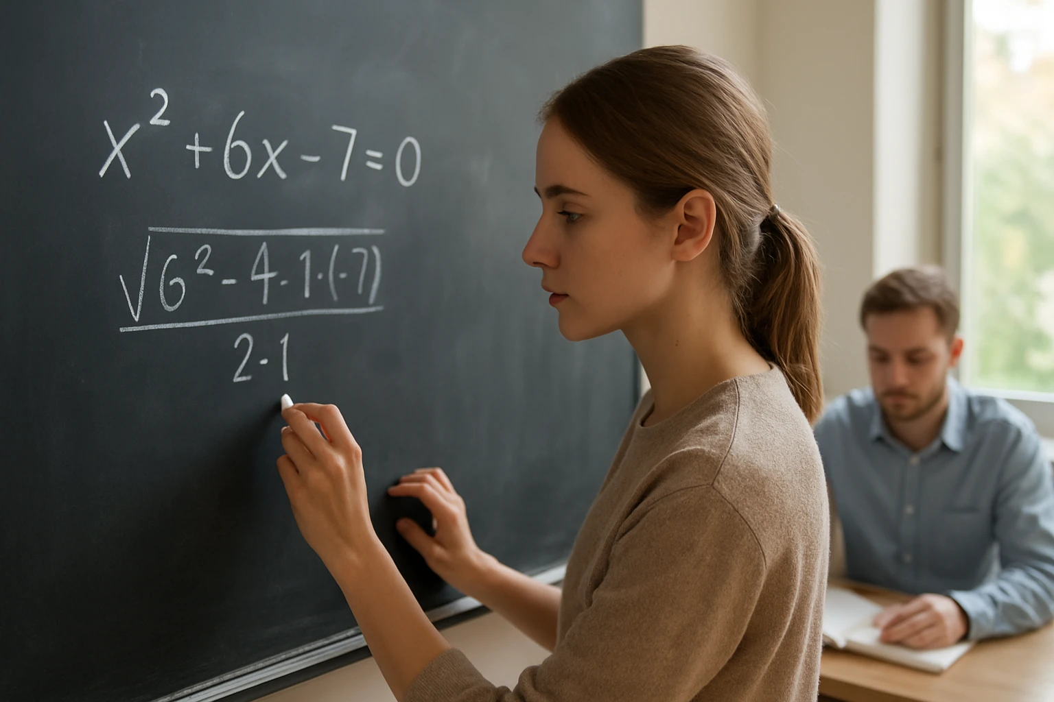Egy fiatal nő matematikai egyenletet ír a táblára, háttérben egy férfi ül.