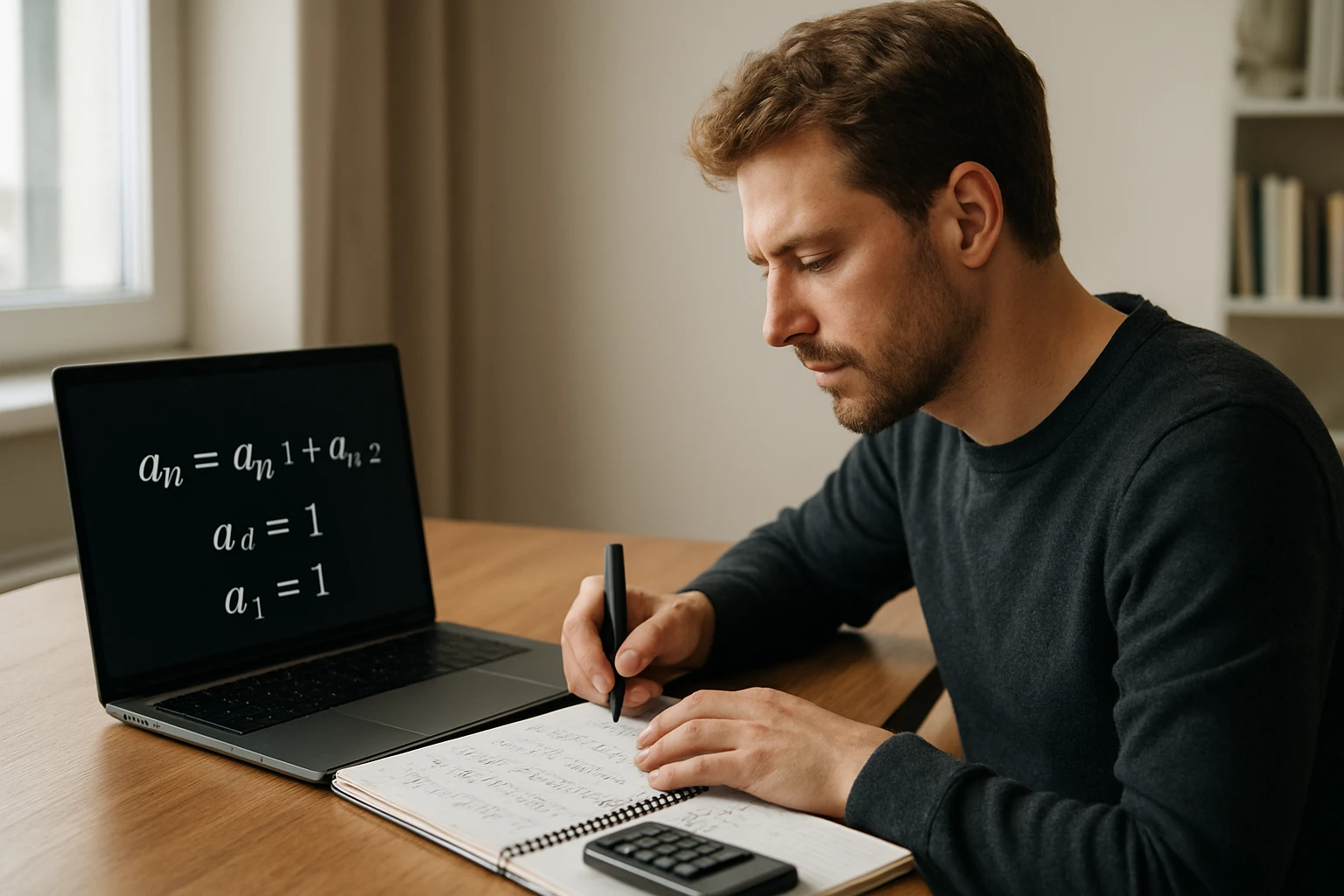 Egy férfi matematikai egyenleteket ír egy jegyzetfüzetbe, laptop előtt ülve.