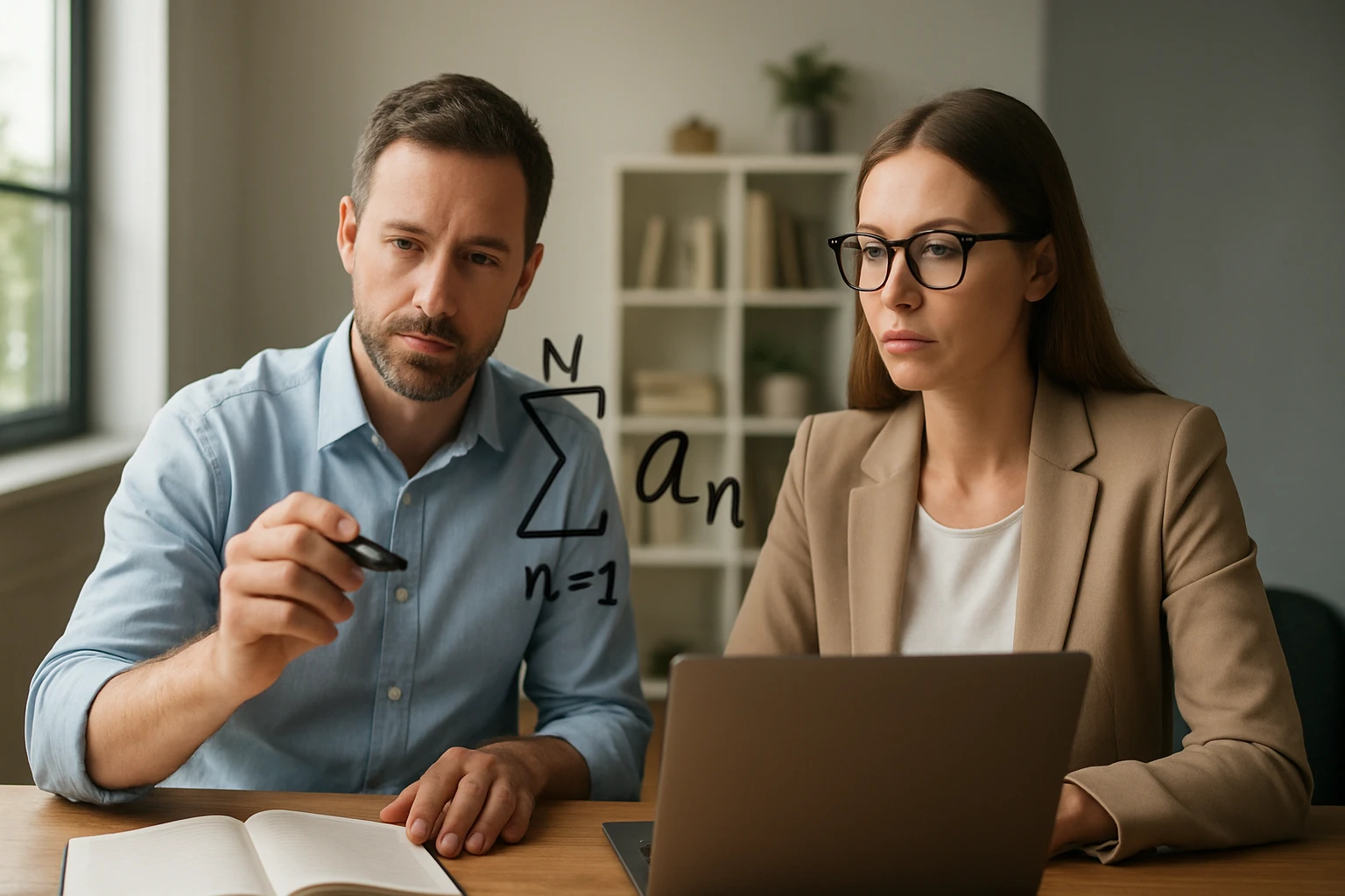 Egy férfi matematikai képletet ír a táblára, míg egy nő figyelmesen nézi.