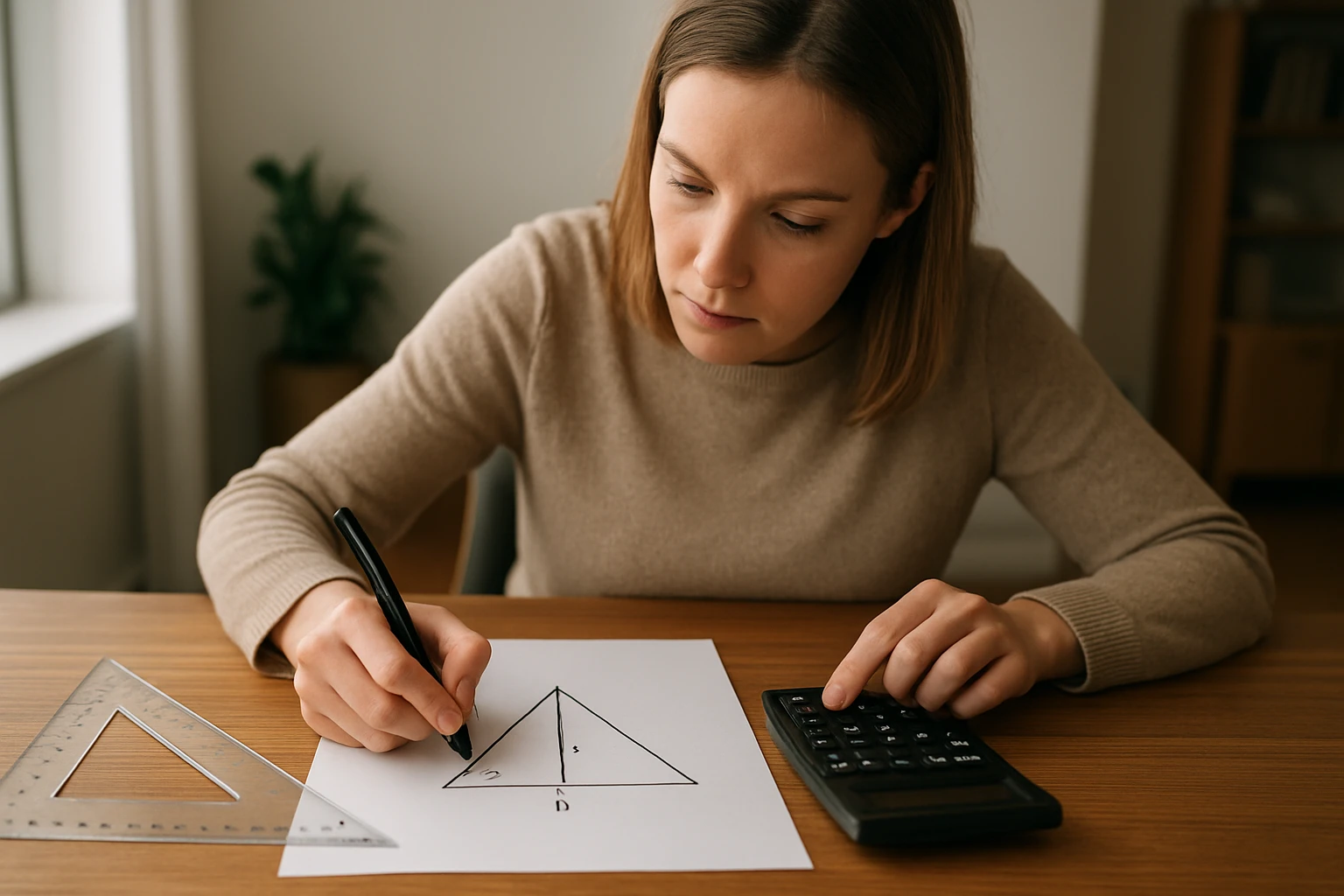Egy fiatal nő egy háromszöget rajzol papírra, miközben számológépet használ.