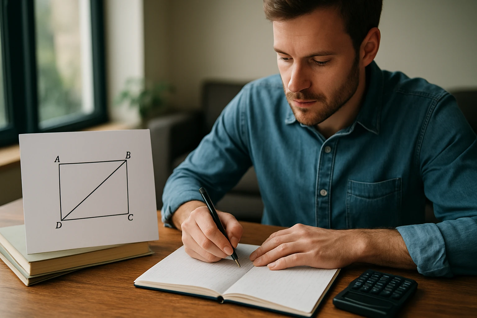 Egy férfi matematikai feladatot old meg, miközben egy négyzet ábráját nézi.