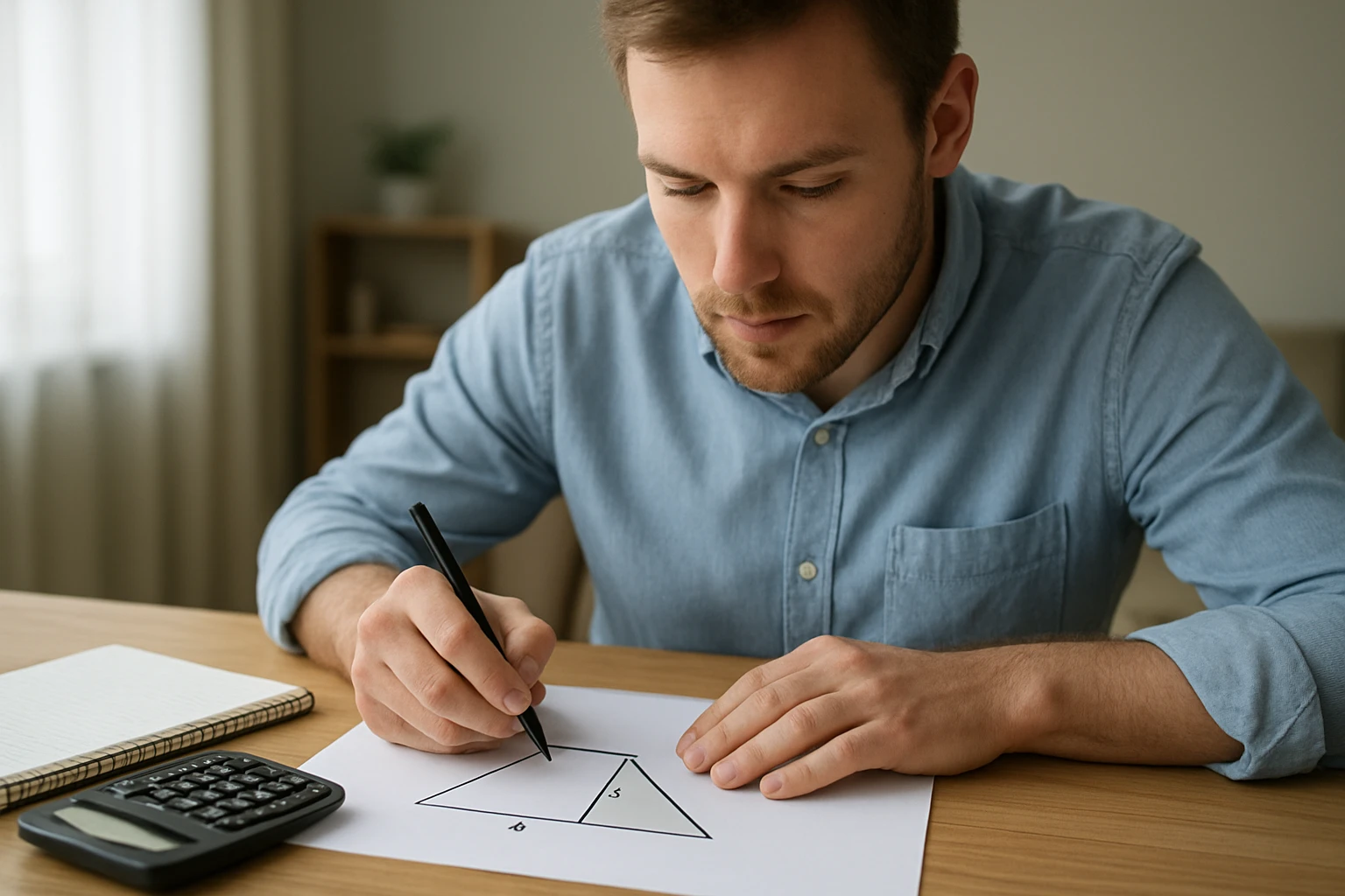 Egy férfi matematikai feladatot old meg, háromszöget rajzol papírra.