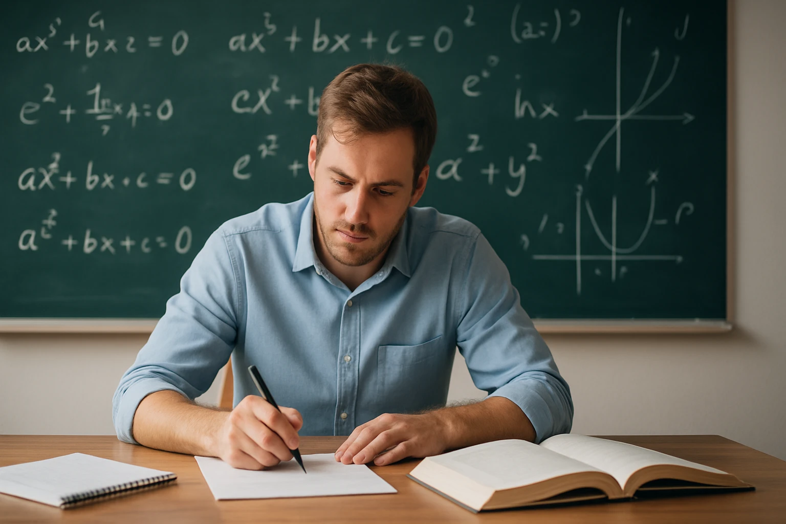 Egy fiatal férfi matematikai feladatokat old meg egy íróasztalnál.