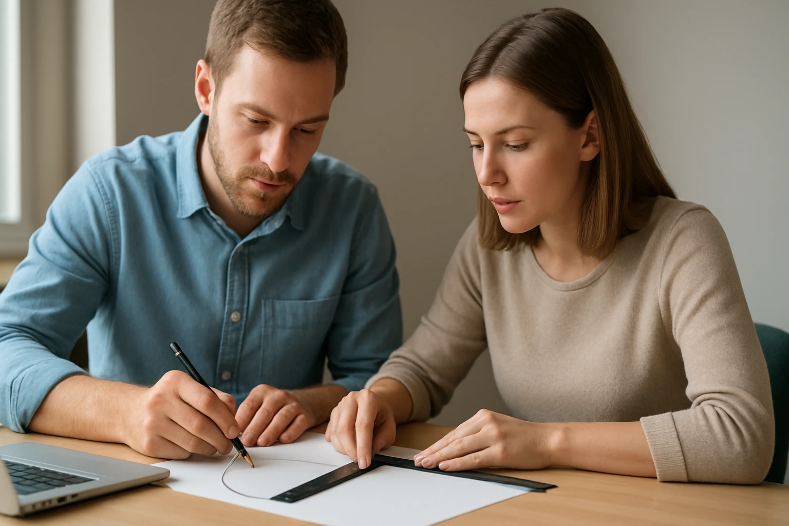 Két fiatal felnőtt egy asztalnál matematikai feladatot old meg, vonalzót használnak.
