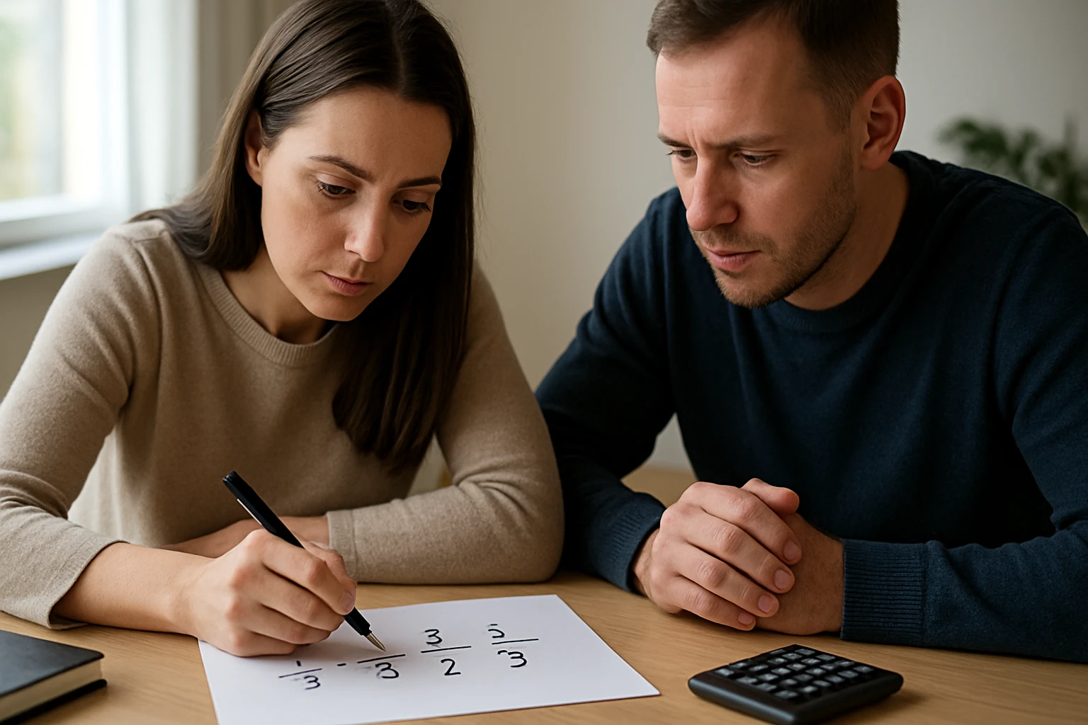 Két ember matematikai feladatot old meg papíron, figyelmesen nézik a számokat.
