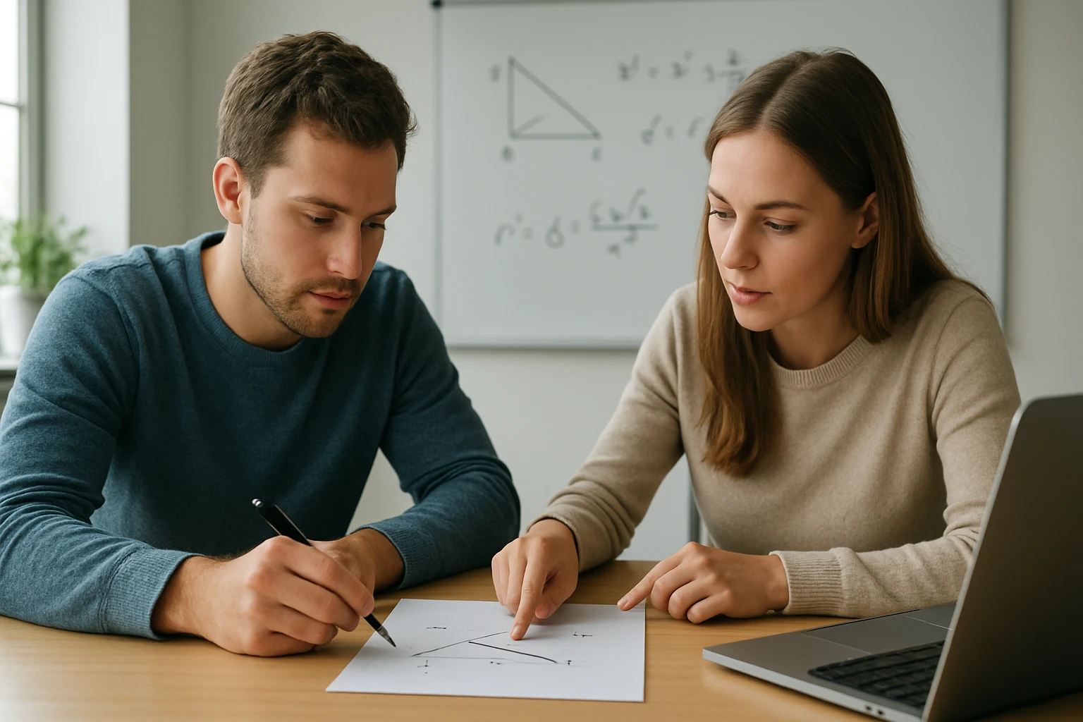 Két fiatal, aki matematikai feladatot old meg egy asztalnál.