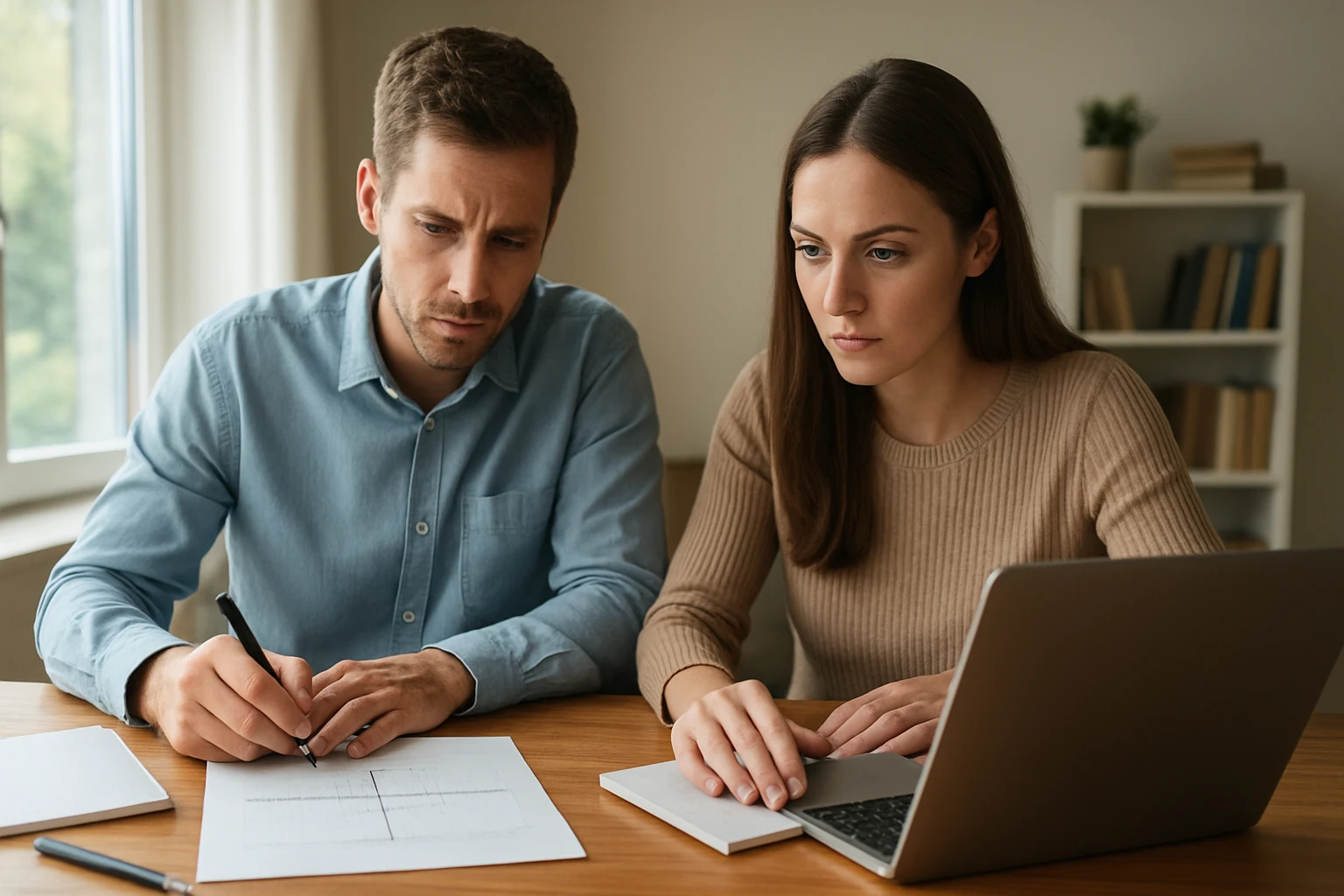 Két fiatal felnőtt matematikai feladatokat old meg egy asztalnál.