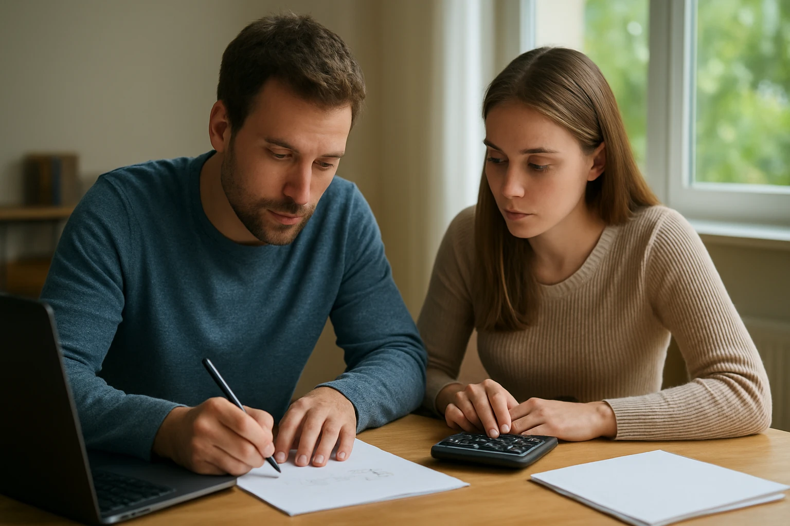 Két fiatal felnőtt együtt dolgozik matematikai feladatokon, papíron és számológépen.