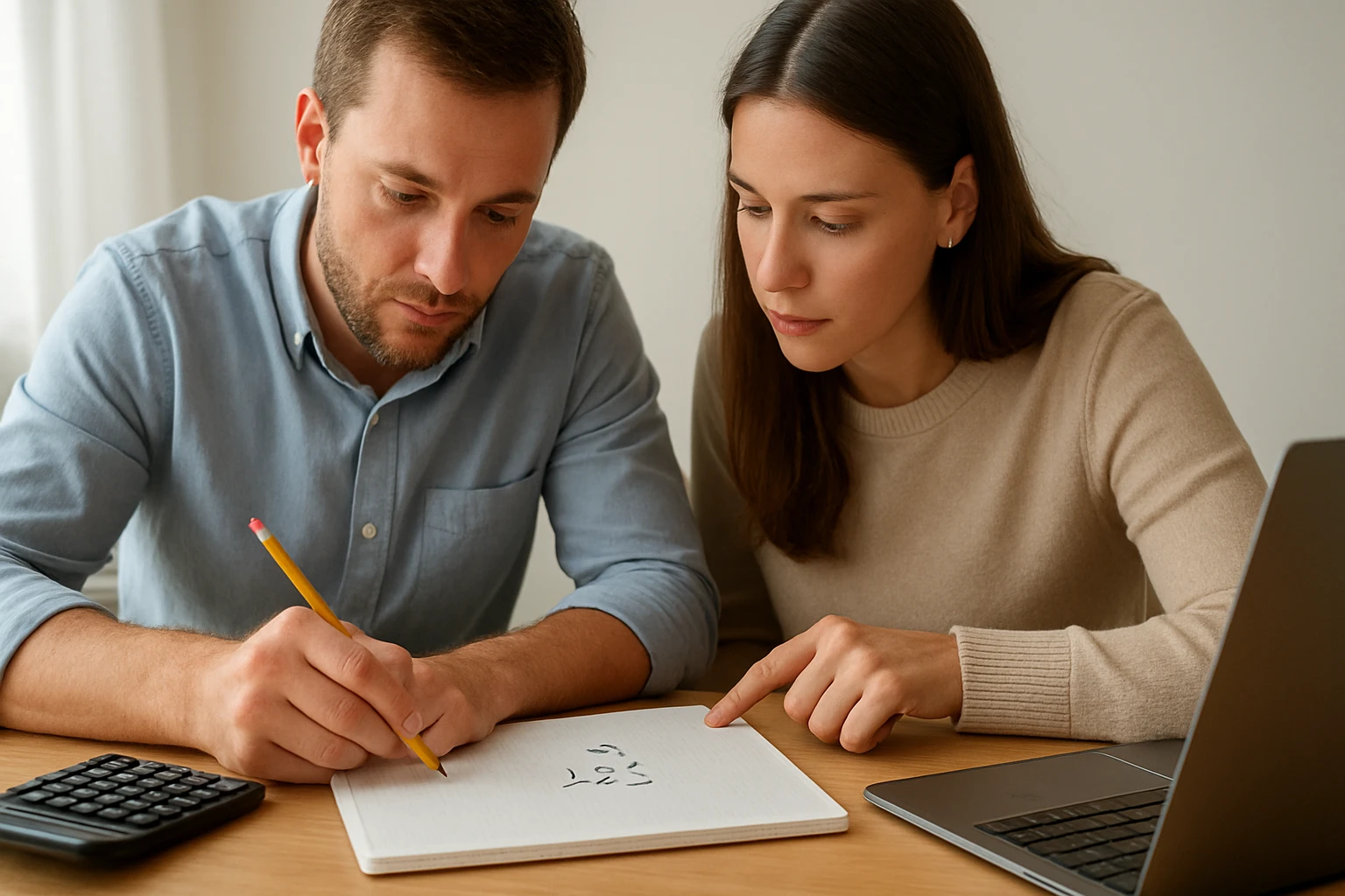 Egy férfi és egy nő közösen matematikai feladatot oldanak meg papíron.