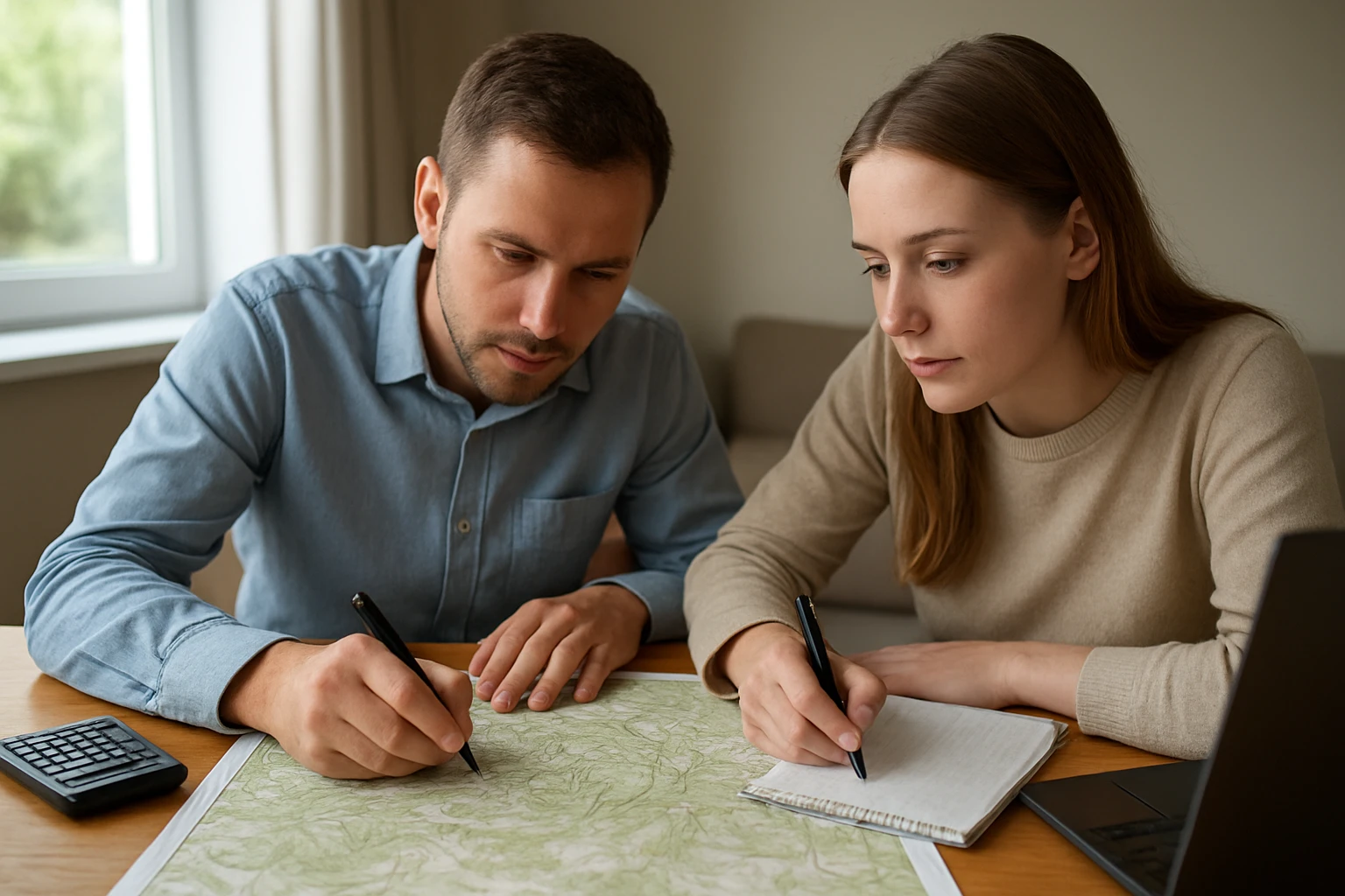 Két fiatal felnőtt matematikai feladatokat old meg egy térképen.