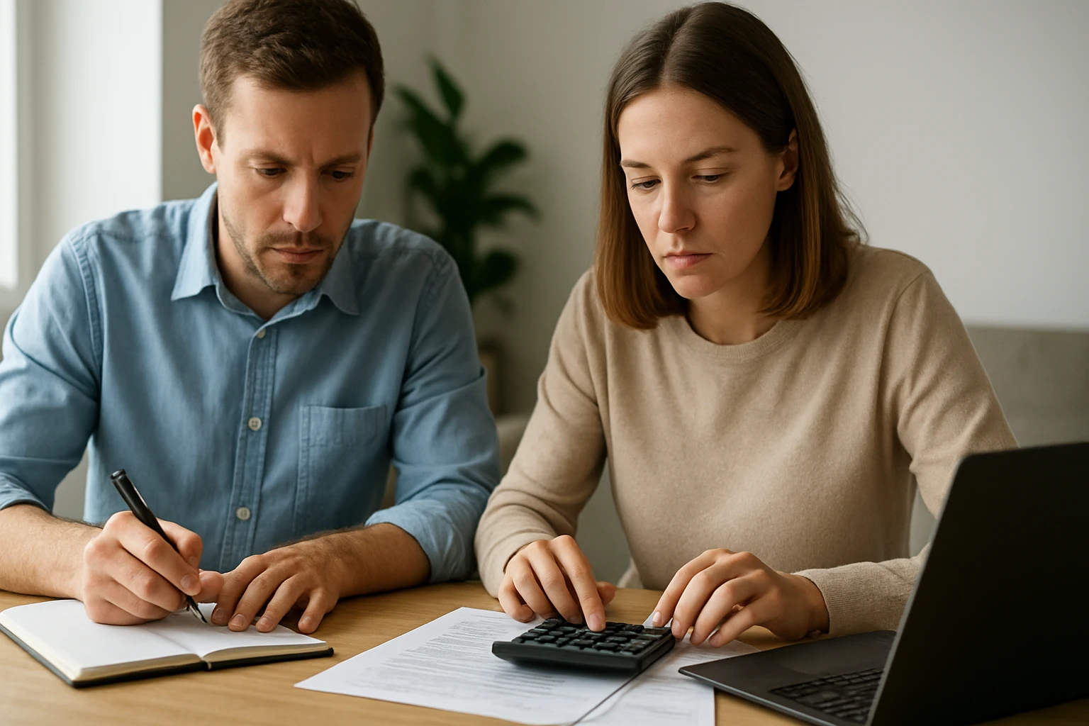 Két ember számol és jegyzetel egy asztalnál, matematikai feladatokat oldanak meg.