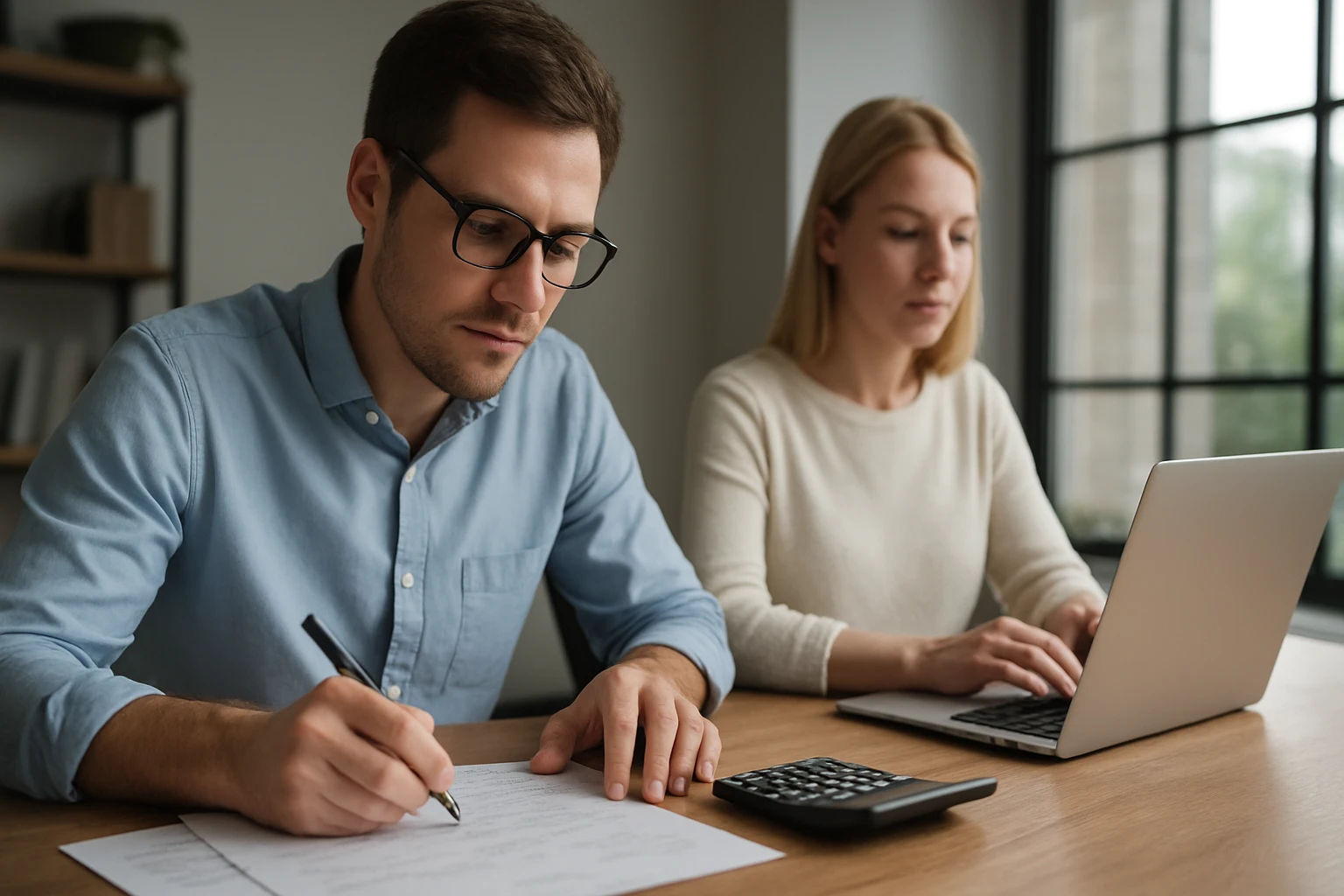 Két ember dolgozik egy asztalnál, az egyik papírokat ír, a másik laptopon gépel.