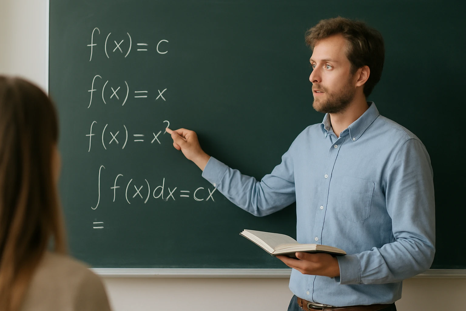 Egy tanár a táblán matematikai függvényeket magyaráz, könyvet tart a kezében.