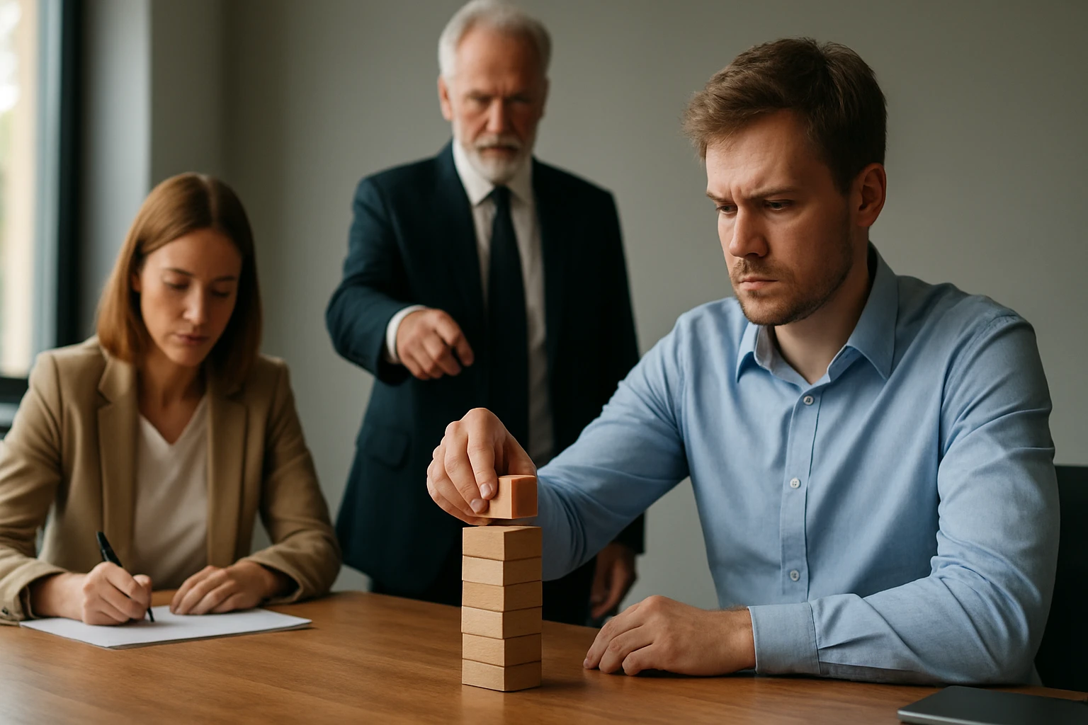 Egy férfi épít egy blokk tornyot, miközben két másik ember figyeli.