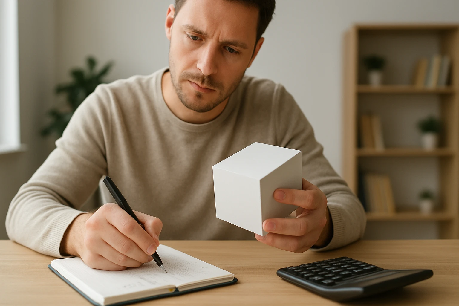 Egy férfi egy fehér kockát tart a kezében, miközben jegyzetel.
