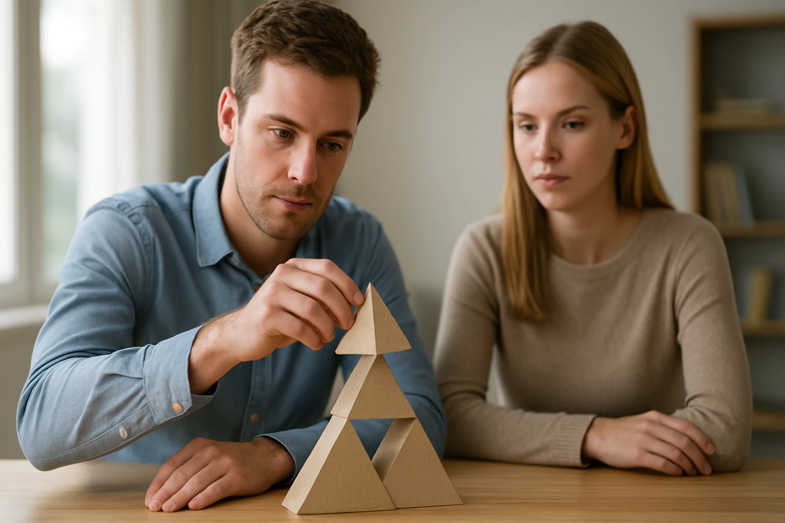 Egy férfi és egy nő figyelmesen épít egy papírból készült piramist.